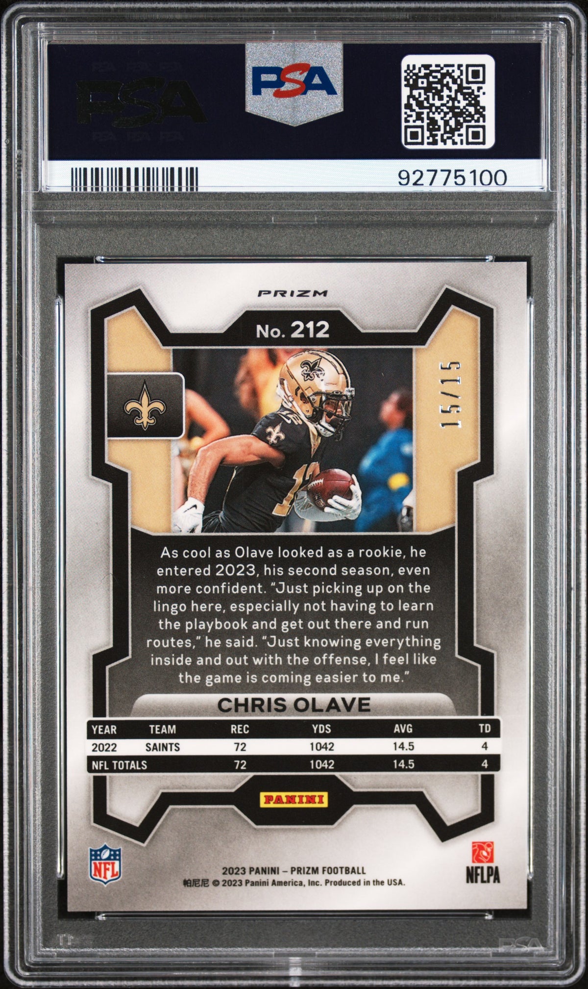 2023 Panini Prizm No Huddle Pink Chris Olave #212 15/15 PSA 10