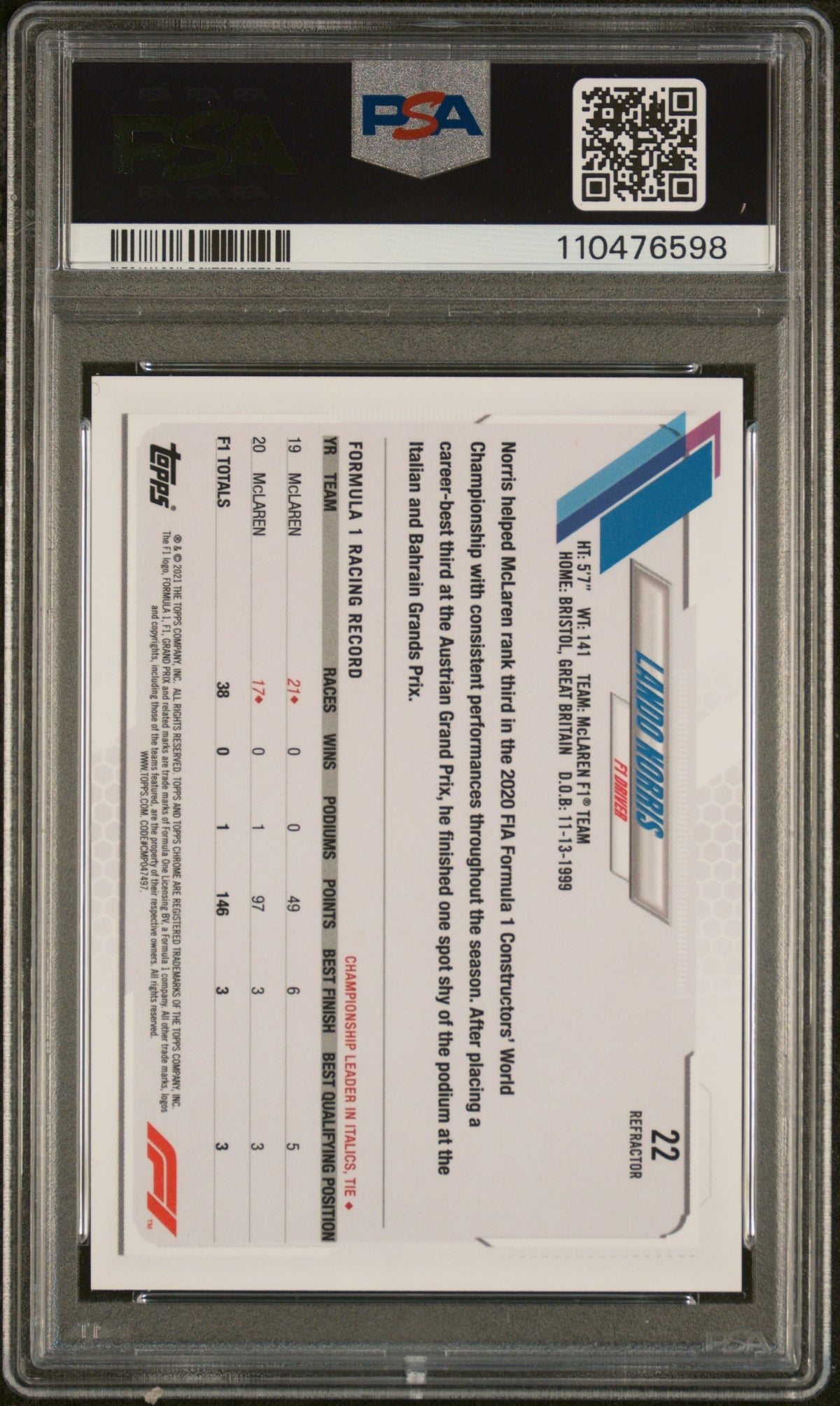 2021 Topps Chrome Formula 1 Refractor Lando Norris #22 PSA 9