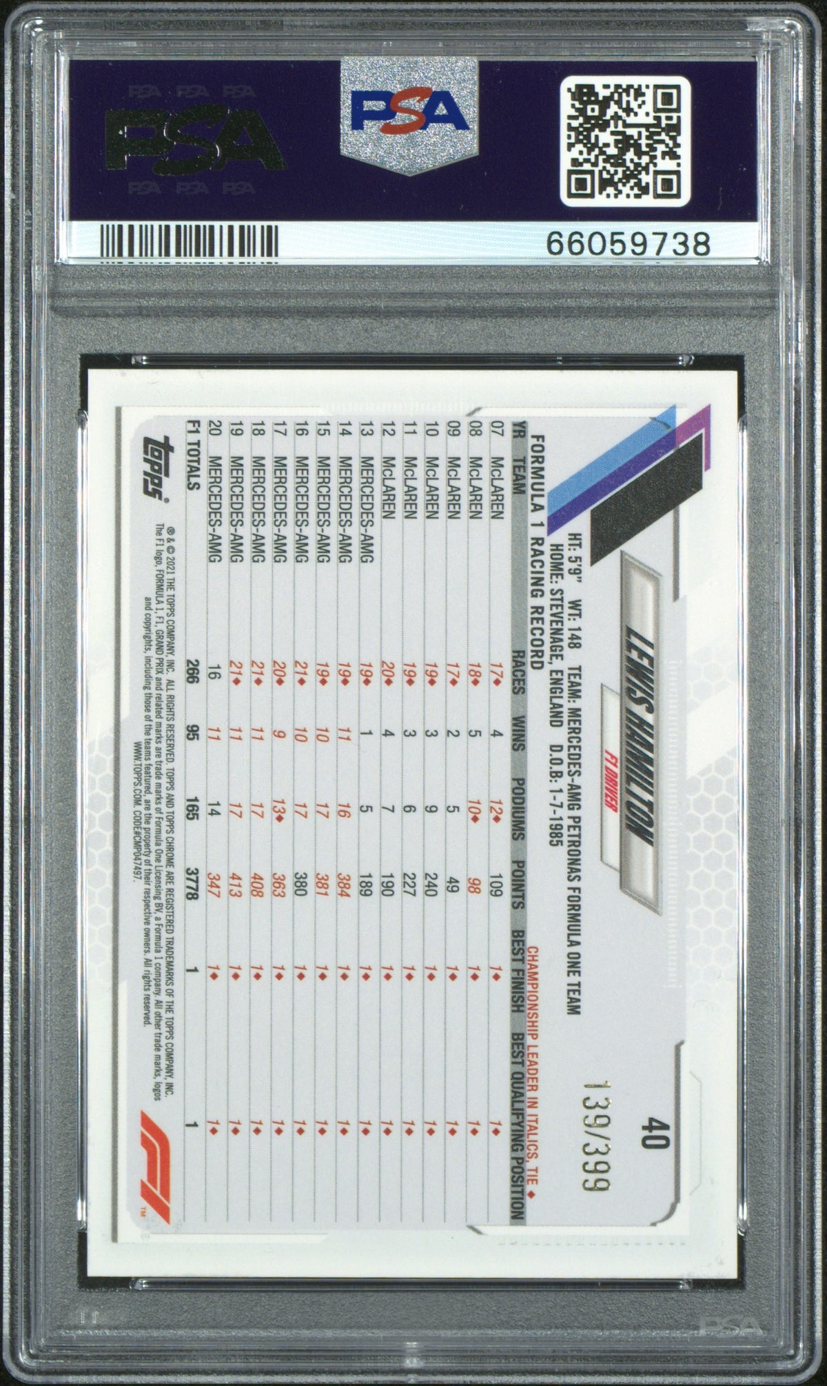 2021 Topps Chrome Formula 1 Purple Refractor Lewis Hamilton #40 /399 PSA 9