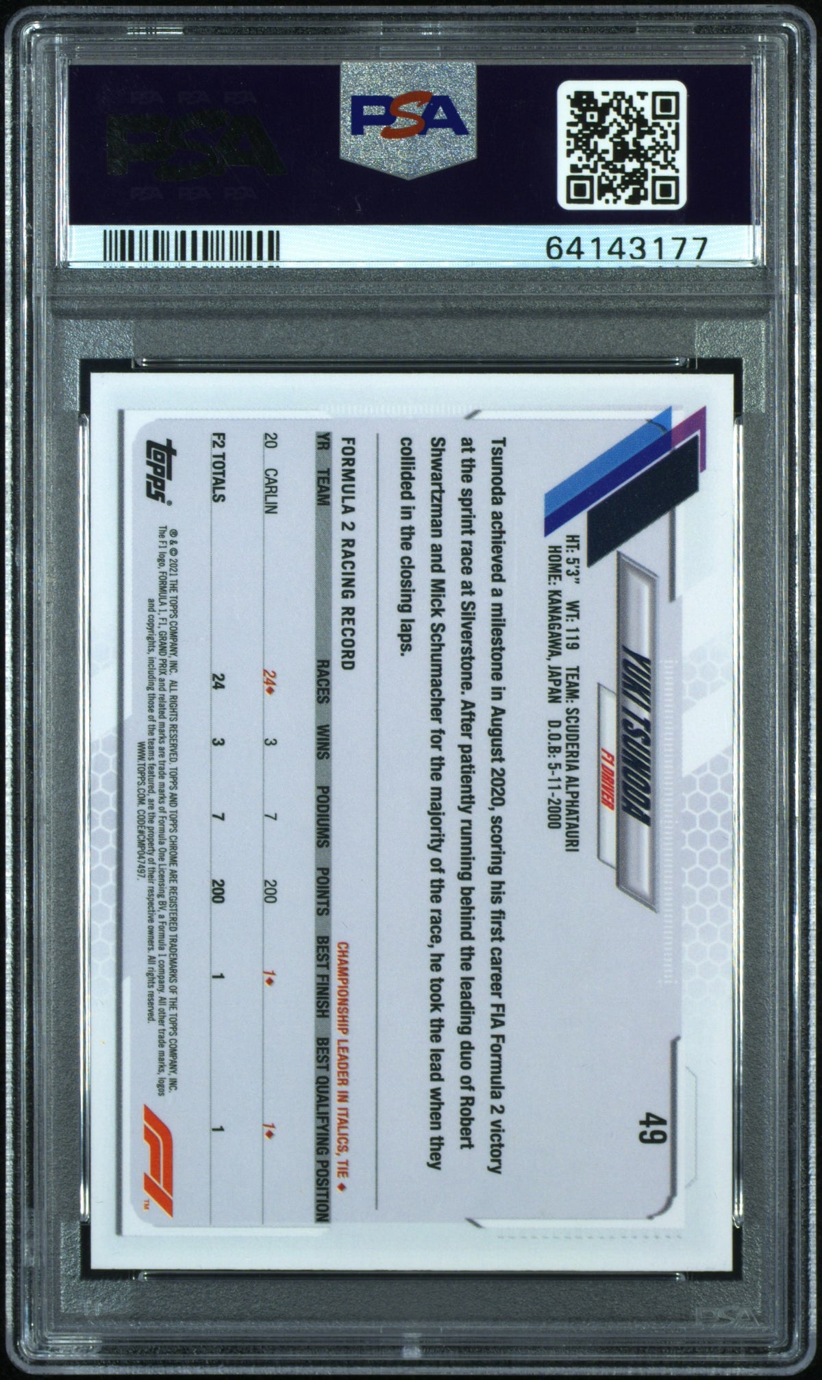 2021 Topps Chrome Formula 1 Yuki Tsunoda #49 PSA 10