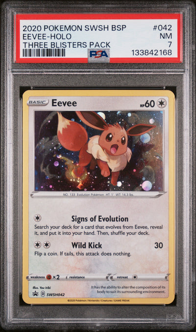 Pokémon SWSH BSP Eevee Holo #042 Three Blisters Pack PSA 7
