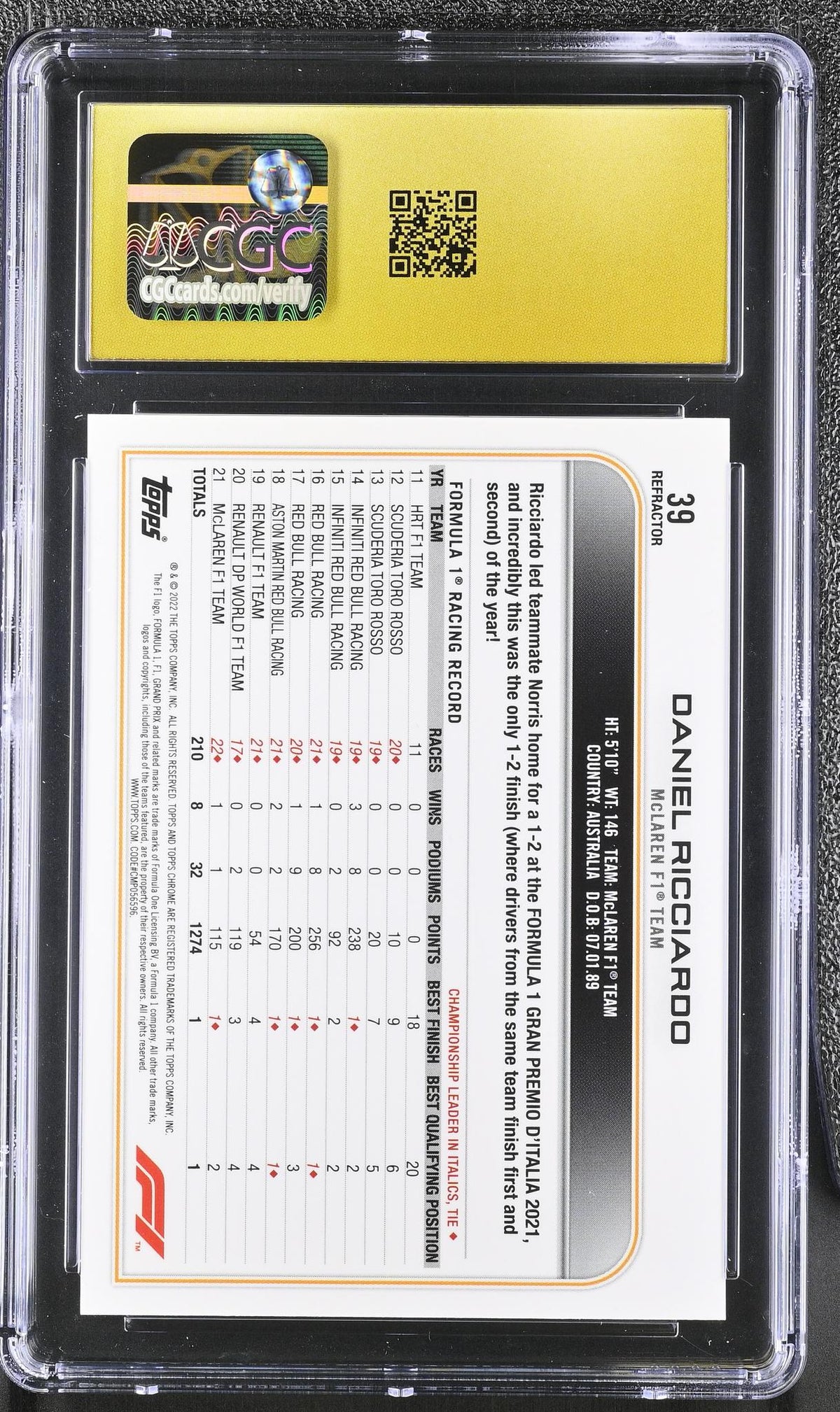 2022 Topps Chrome #39 Daniel Ricciardo Refractor CGC 10