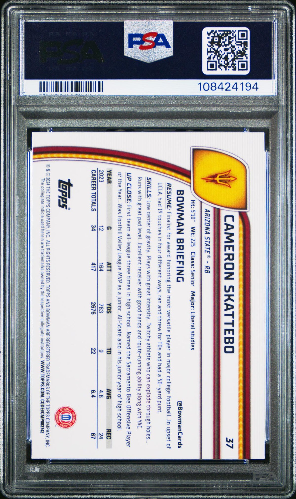 2024 Bowman University Chrome Cam Skattebo #37 PSA 10