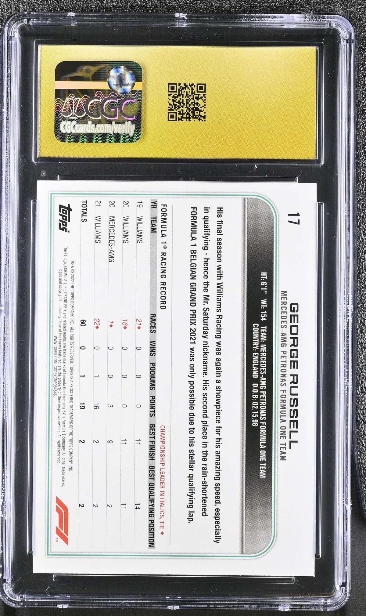 2022 Formula 1 #17 George Russell Rainbow Foil CGC 10