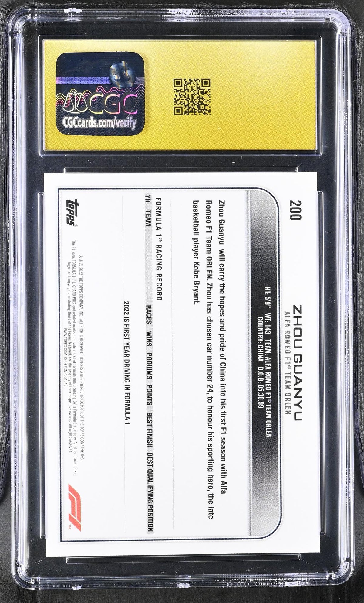 2022 Formula 1 #200 Zhou Guanyu Formula 1 Freshest CGC 10
