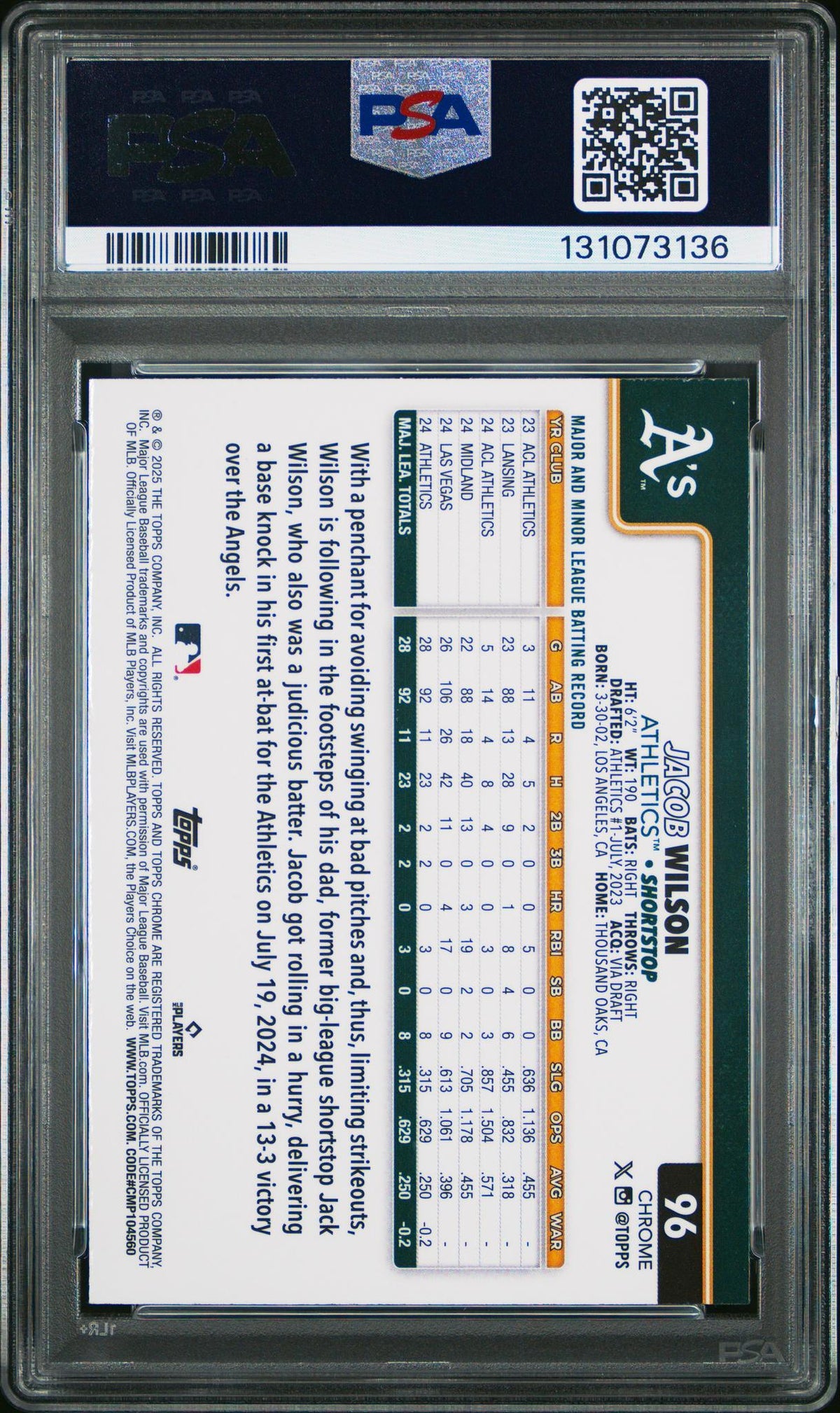 2025 Topps Chrome Variation Jacob Wilson #96 PSA 10