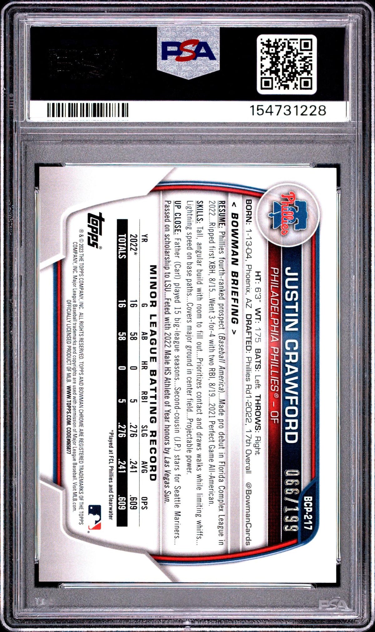 2023 Bowman Chrome Prospects Fuchsia Pink Vapor Wave Refractors Justin Crawford #BCP217 /199 PSA 10