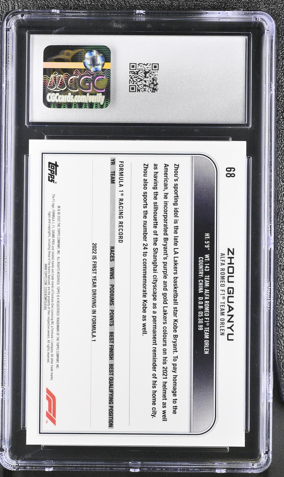 2022 Topps #68 Zhou Guanyu Checker Flag CGC 10