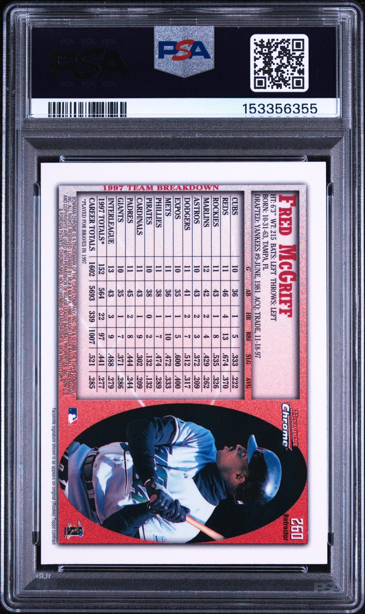 1998 Bowman Chrome Refractor Fred Mcgriff #260 PSA 9