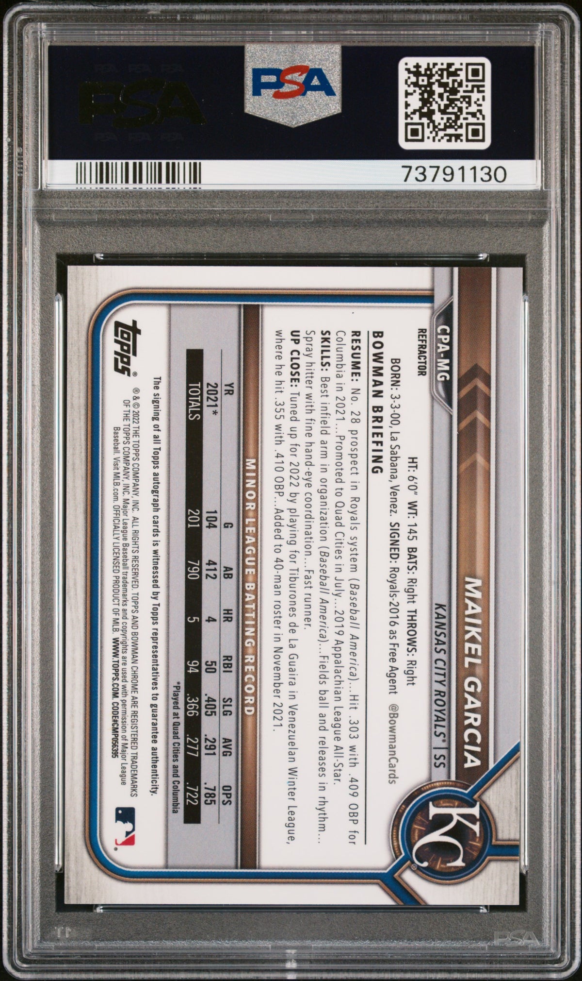 2022 Bowman Chrome Prospect Autograph Refractor Maikel Garcia #CPAMG /499 PSA 10