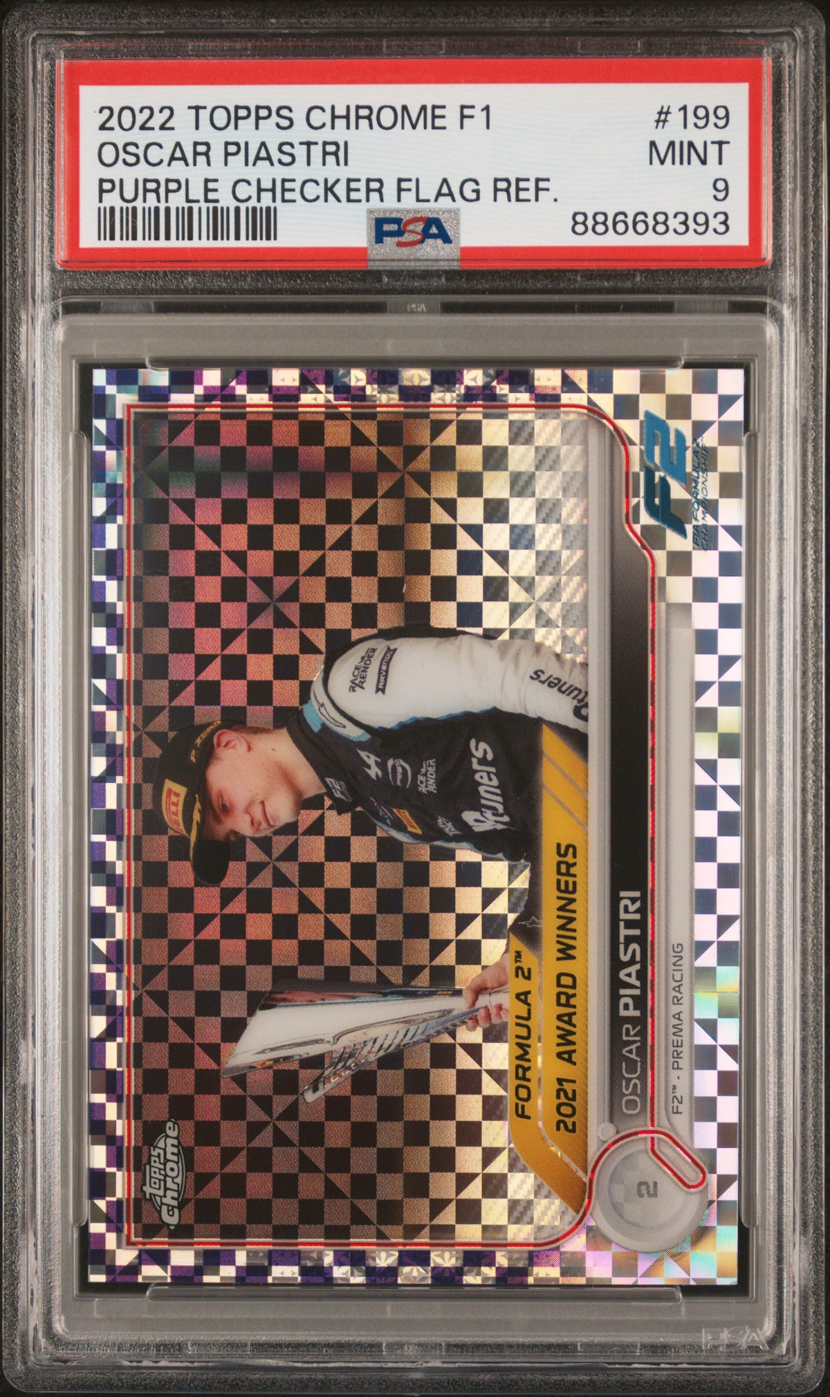 2022 Topps Chrome Formula 1 Purple Checker Flag Refractor Oscar Piastri #199 /199 PSA 9