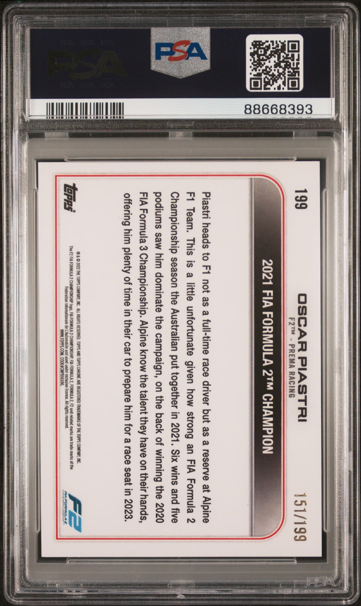 2022 Topps Chrome Formula 1 Purple Checker Flag Refractor Oscar Piastri #199 /199 PSA 9