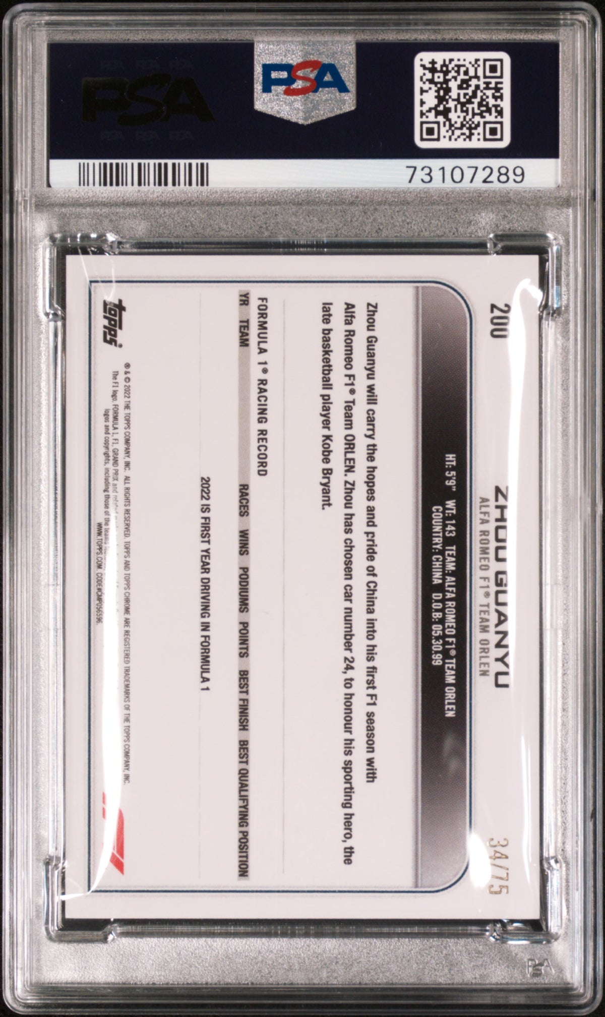 2022 Topps Chrome Formula 1 Pink Refractors Zhou Guanyu #200 /75 PSA 9