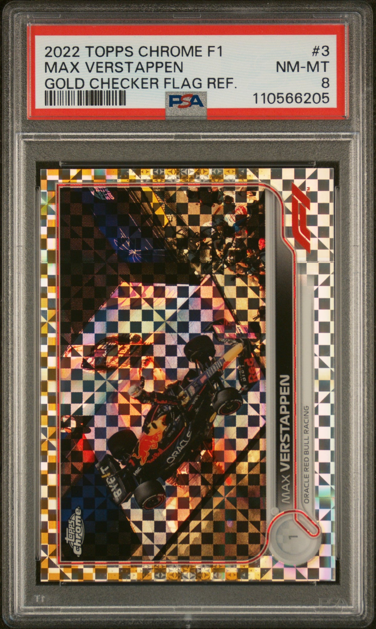 2022 Topps Chrome Formula 1 Gold Checker Flag Refractor Max Verstappen #3 /50 PSA 8