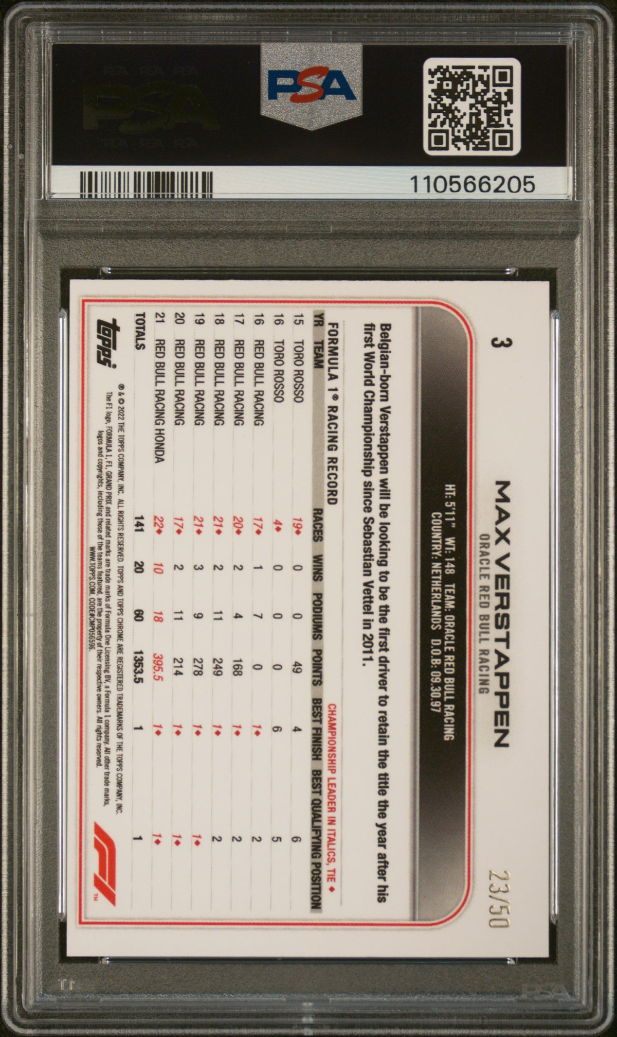 2022 Topps Chrome Formula 1 Gold Checker Flag Refractor Max Verstappen #3 /50 PSA 8