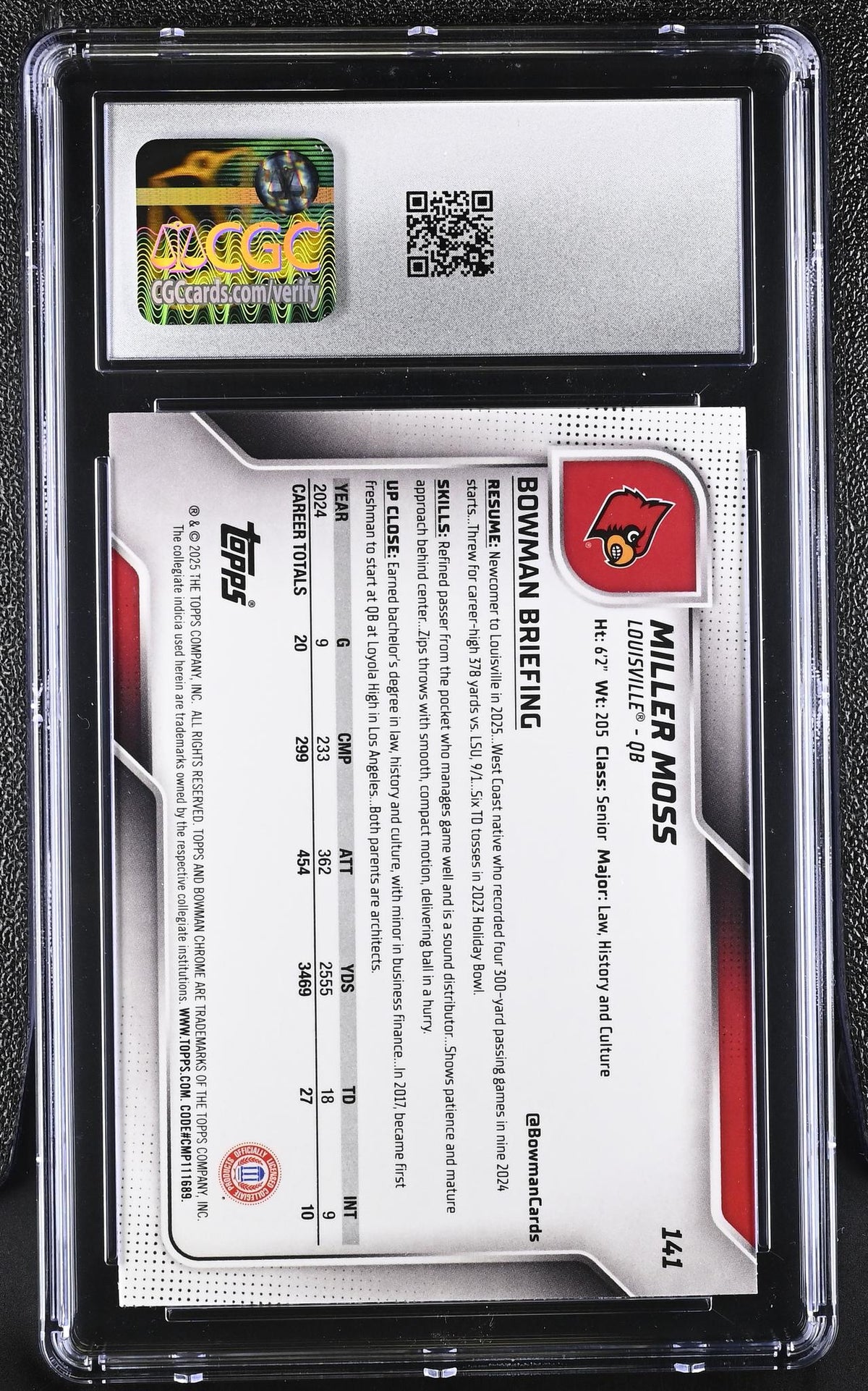 2025 Bowman University Chrome # Miller Moss Blue Mini-Diamond Refractor CGC 10