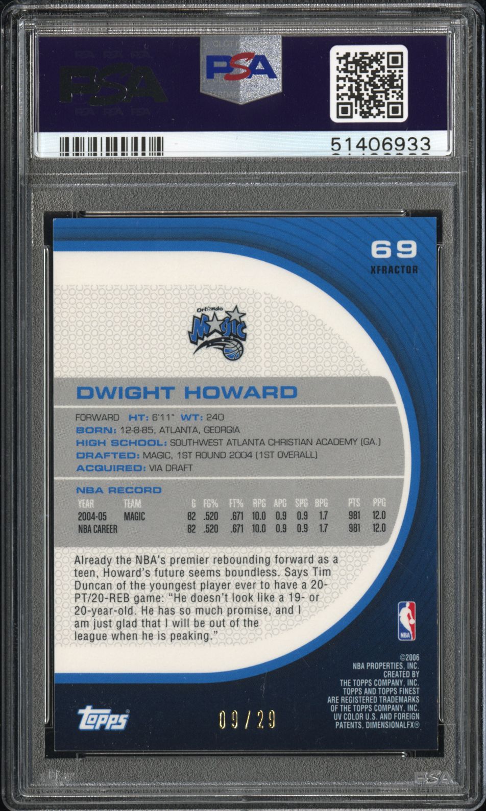 2005 Finest Gold Xfractor Dwight Howard #69 /29 PSA 9