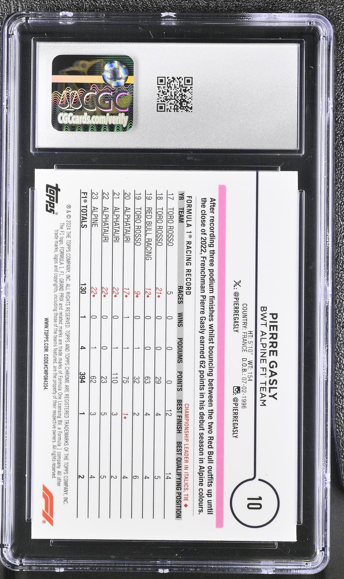 2024 Topps Chrome #10 Pierre Gasly Black & White RayWave Refractor CGC 10