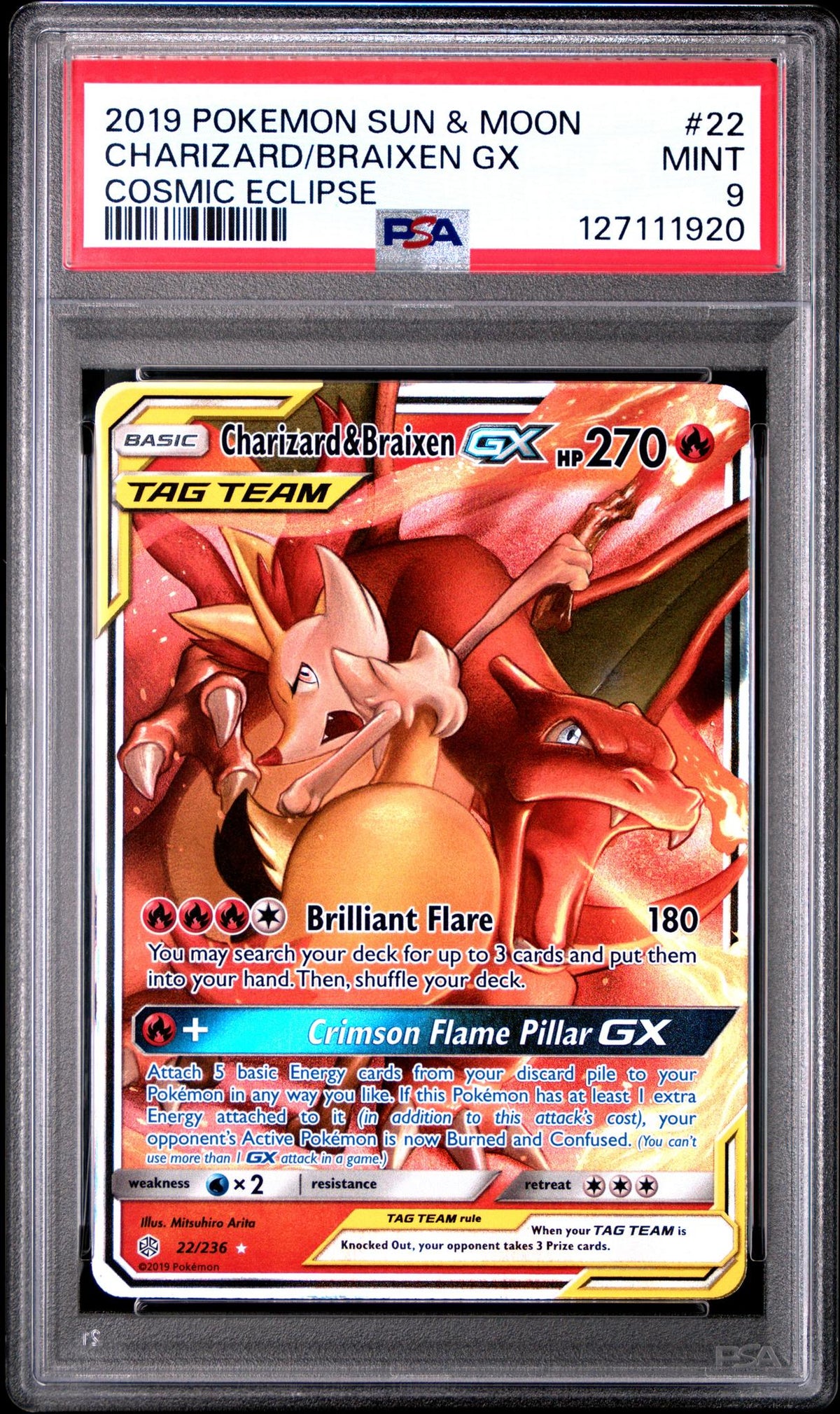 2019 Pokemon Sun and Moon Cosmic Eclipse Braixen Gx/Charizard #22 PSA 9