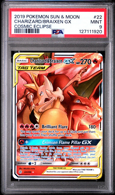 Pokémon Sun & Moon Cosmic Eclipse Charizard & Braixen GX #22/236 PSA 9