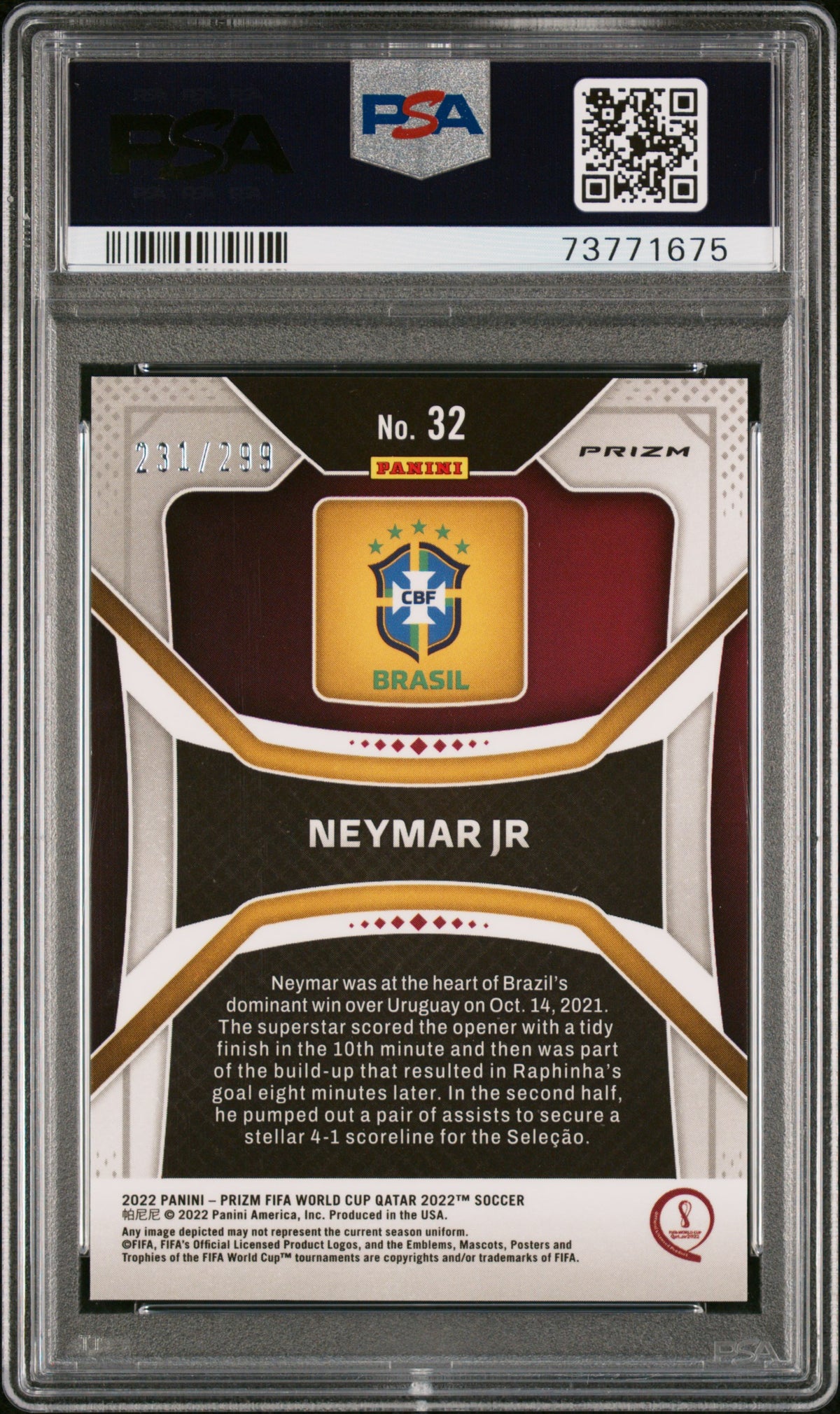 2022 Panini Prizm World Cup Blue Prizm Neymar Jr #32 /299 PSA 9