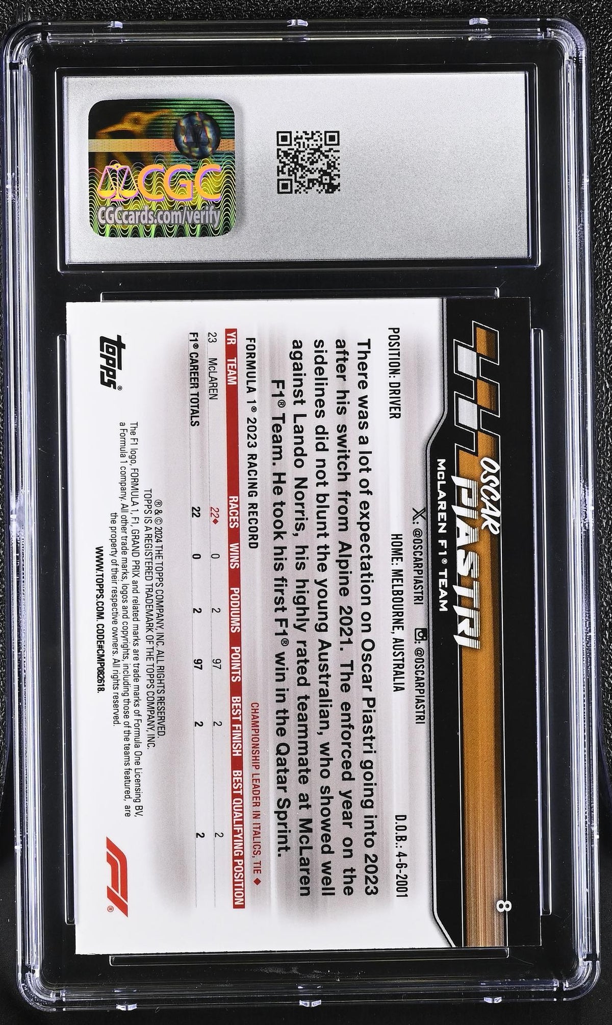 2024 Topps Chrome #8 Oscar Piastri Paddock Pass CGC 10