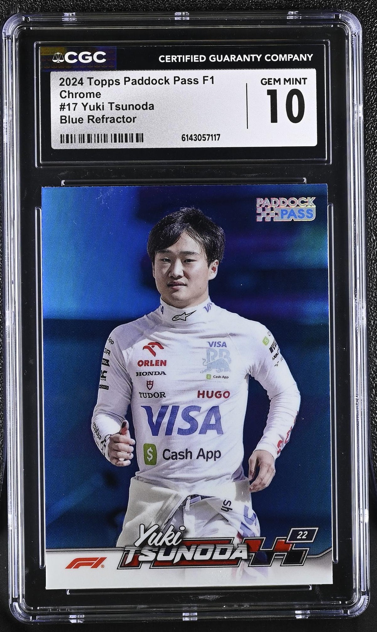 2024 Paddock Pass F1 Chrome #17 Yuki Tsunoda Blue Refractor CGC 10