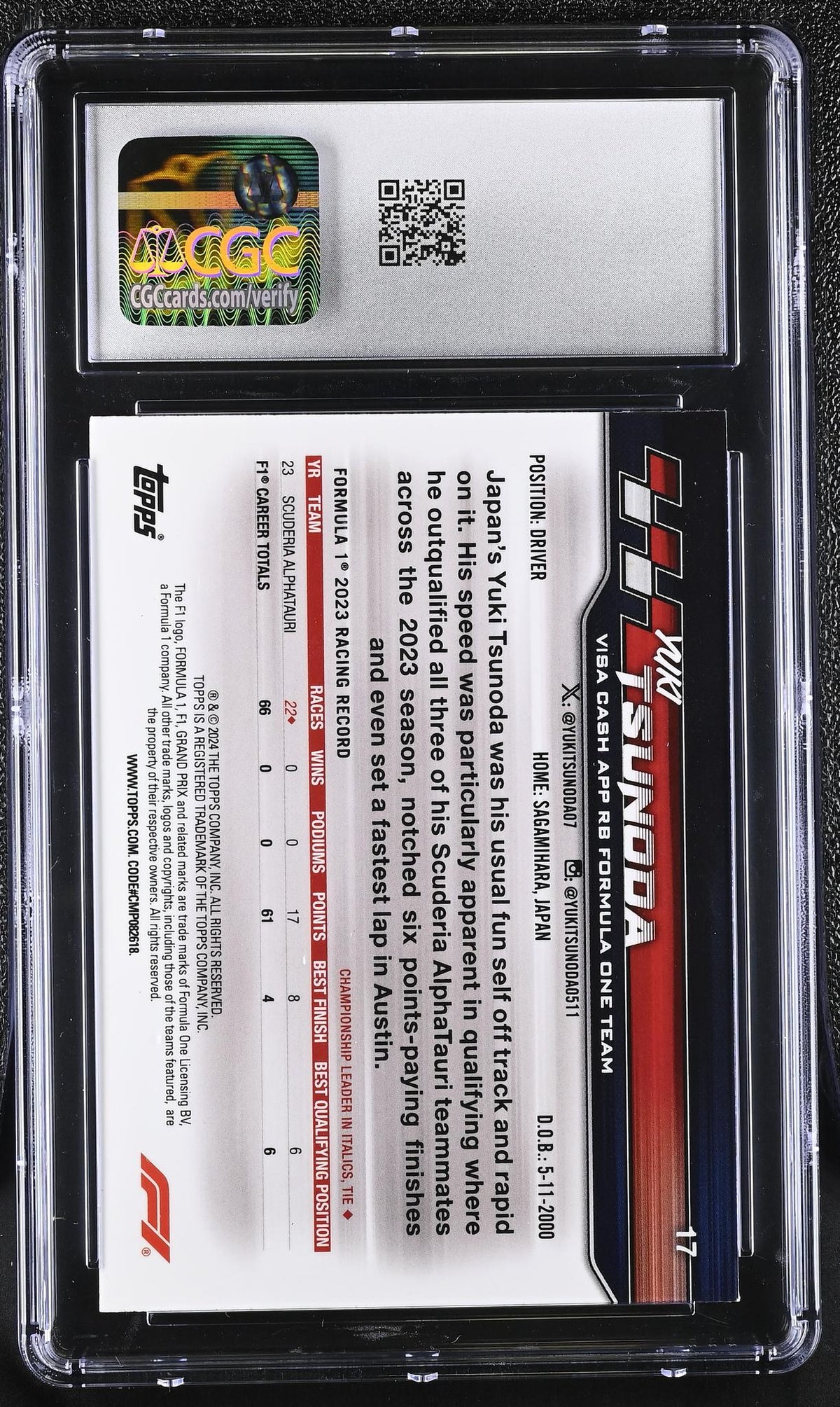 2024 Paddock Pass F1 Chrome #17 Yuki Tsunoda Blue Refractor CGC 10
