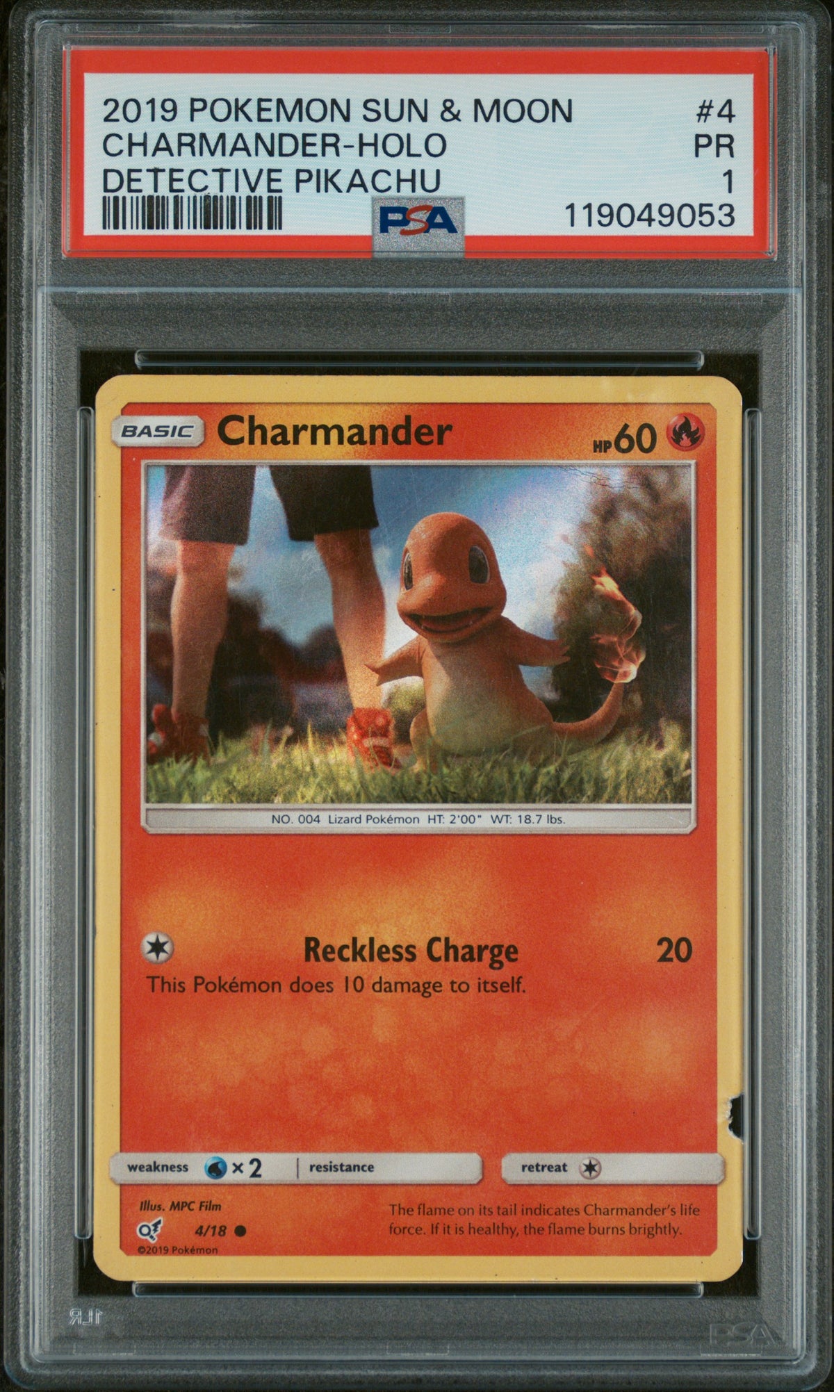 2019 Pokemon Sun and Moon Detective Pikachu Holo Charmander #4 PSA 1