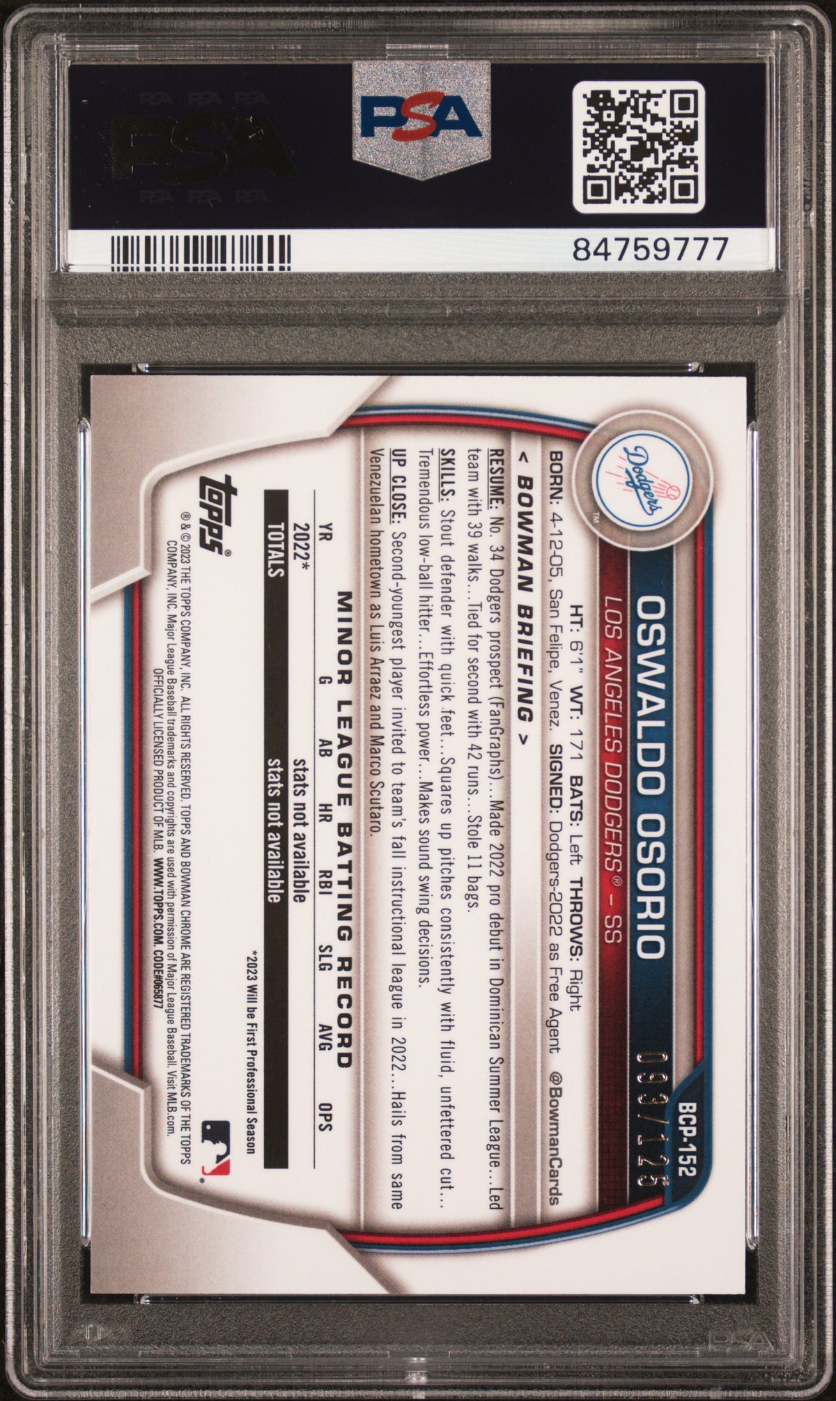 2023 Bowman Chrome Prospects Aqua Oswaldo Osorio #BCP152 PSA 9