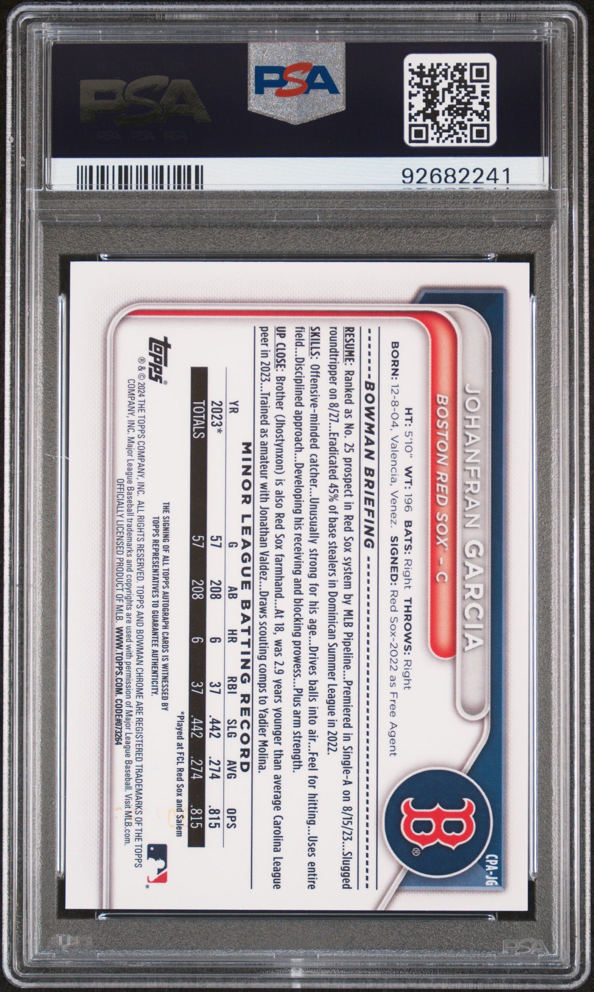 2024 Bowman Chrome Prospect Autographs Speckle Refractors Johanfran Garcia #CPAJG /299 PSA 10