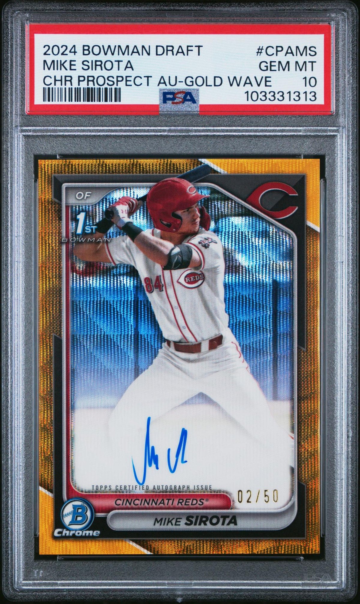 2024 Bowman Chrome Draft Autographs Gold Wave Refractors Mike Sirota #CPAMS /50 PSA 10