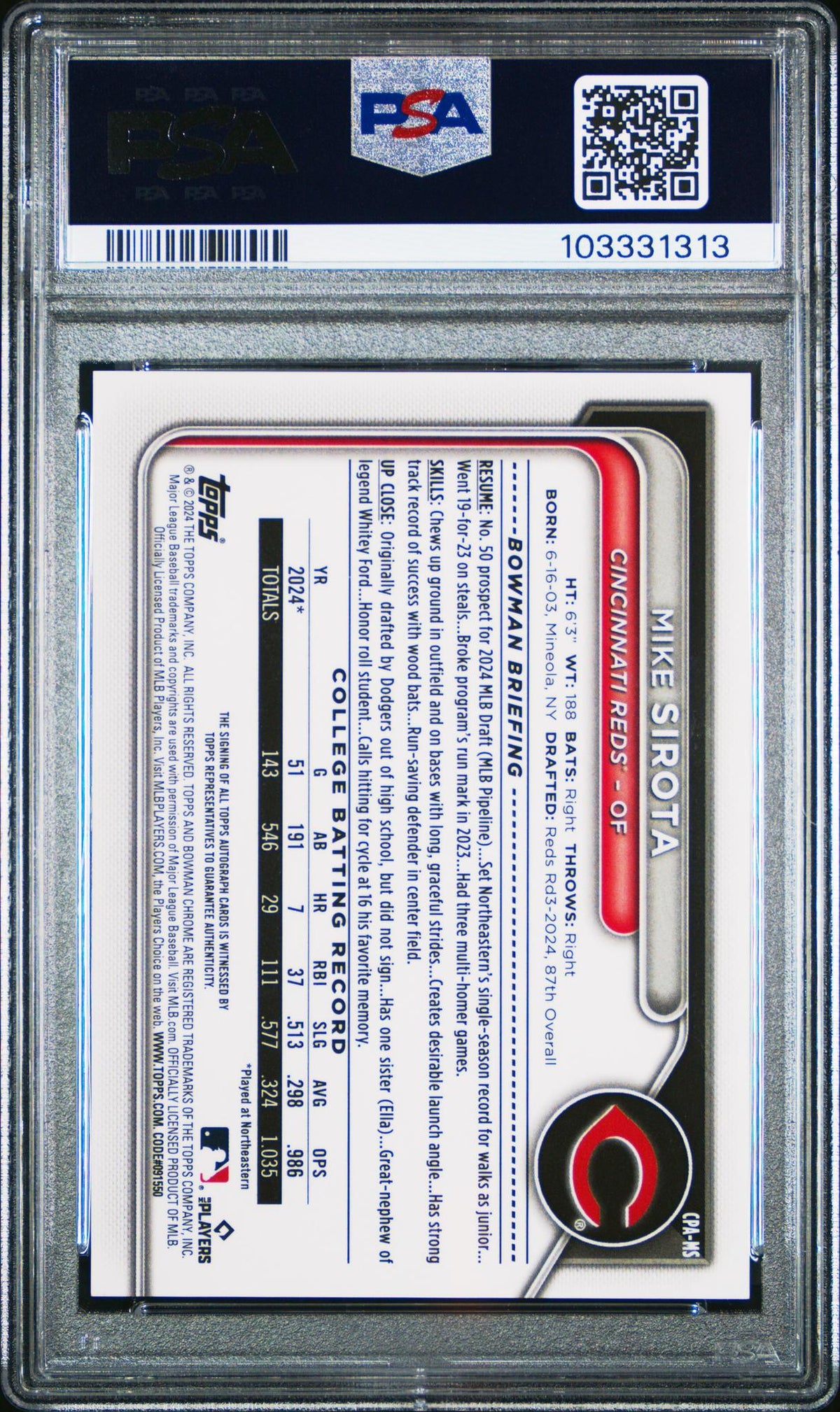 2024 Bowman Chrome Draft Autographs Gold Wave Refractors Mike Sirota #CPAMS /50 PSA 10