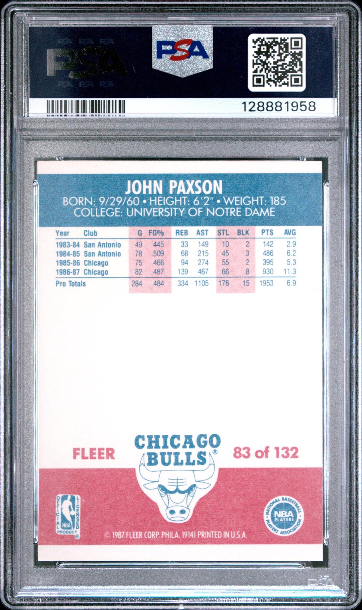 1987 Fleer John Paxson #83 PSA 7
