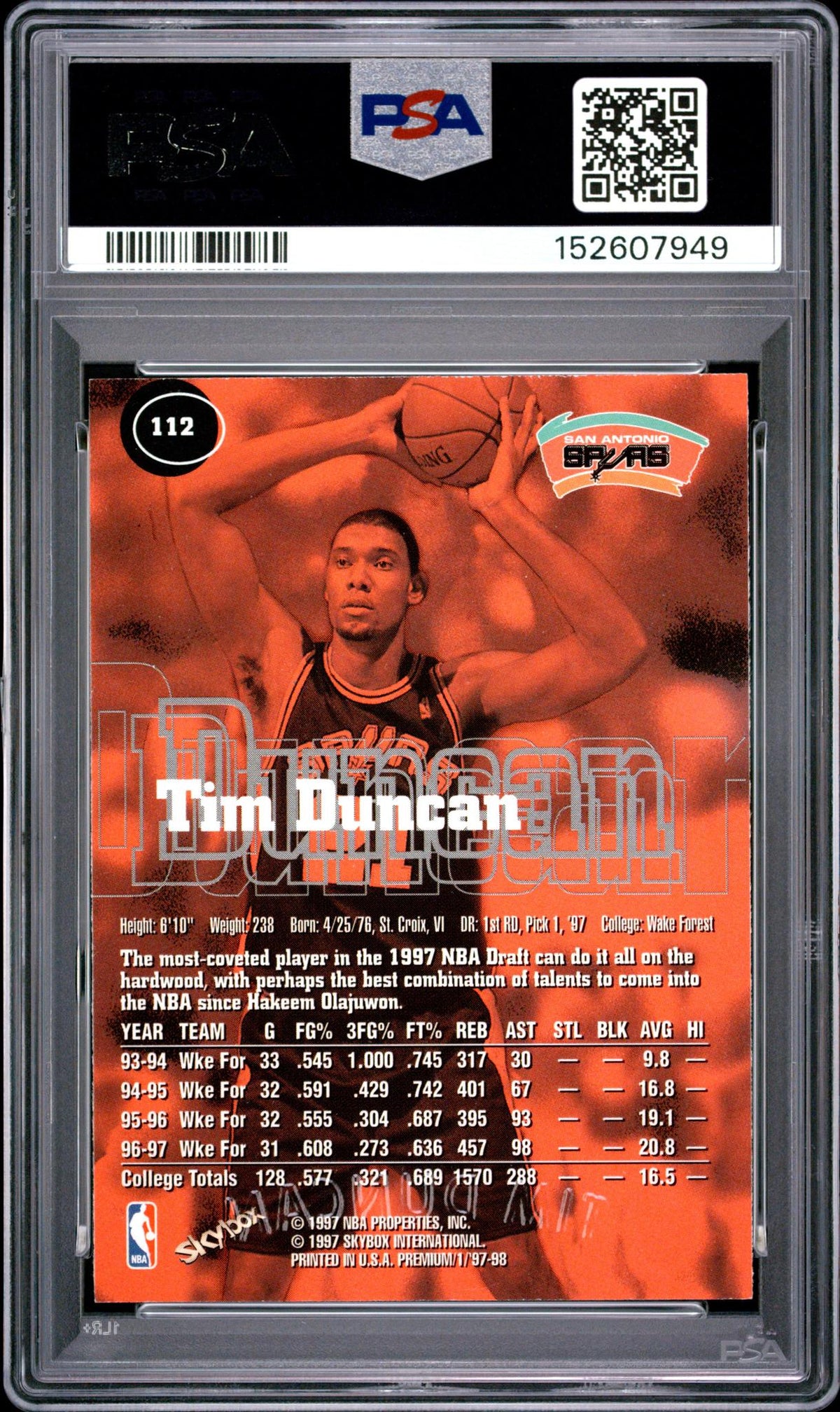 1997 Skybox Premium Tim Duncan #112 PSA 7
