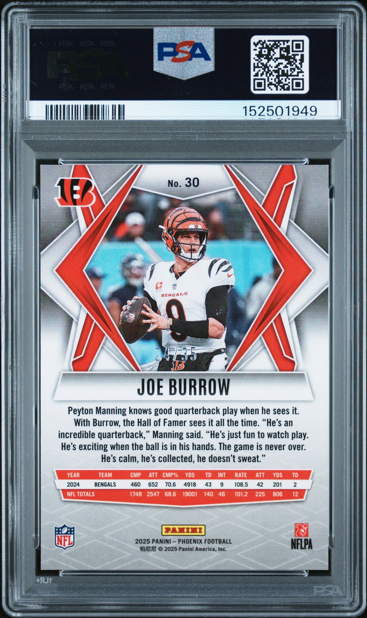 2025 Panini Phoenix Orange Lazer Joe Burrow #30 PSA 10