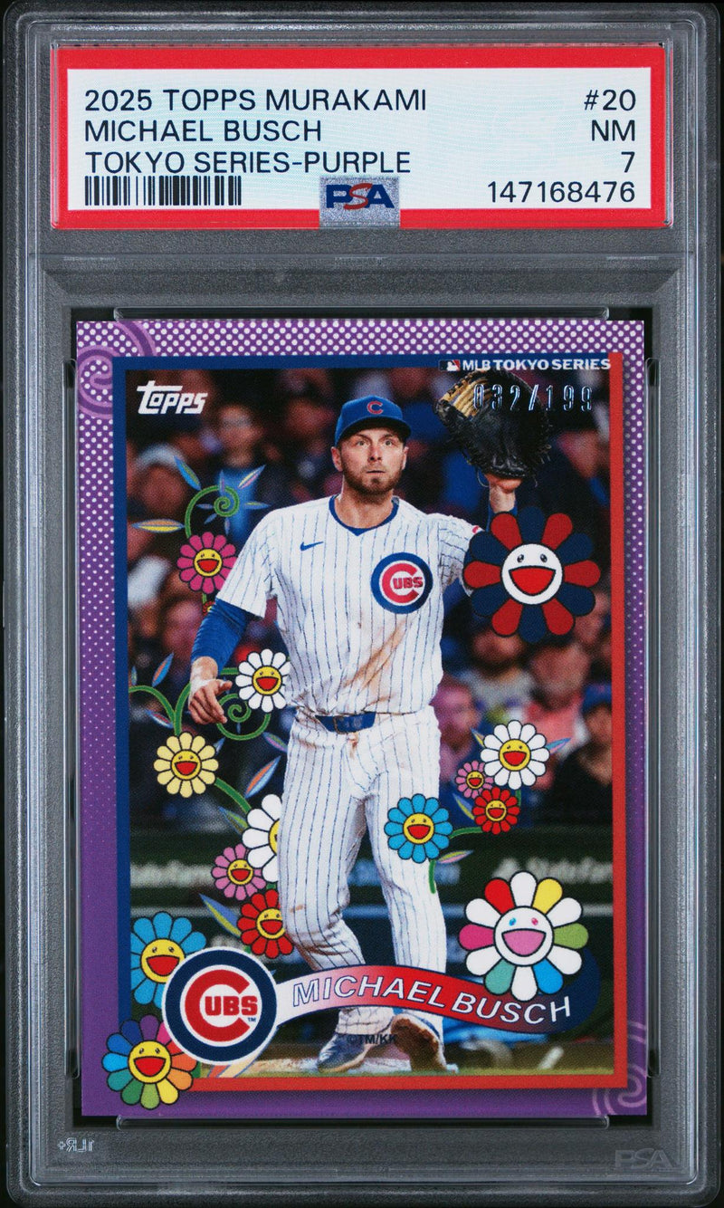 2025 Topps Takashi Murakami MLB World Tour Tokyo Series Purple Michael Busch #20 /199 PSA 7