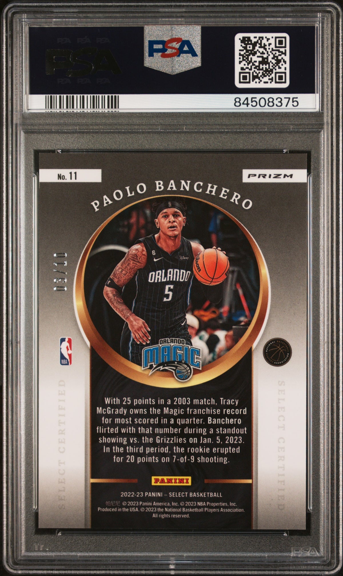 2022 Panini Select Certified Gold Prizm Paolo Banchero #11 /10 PSA 10