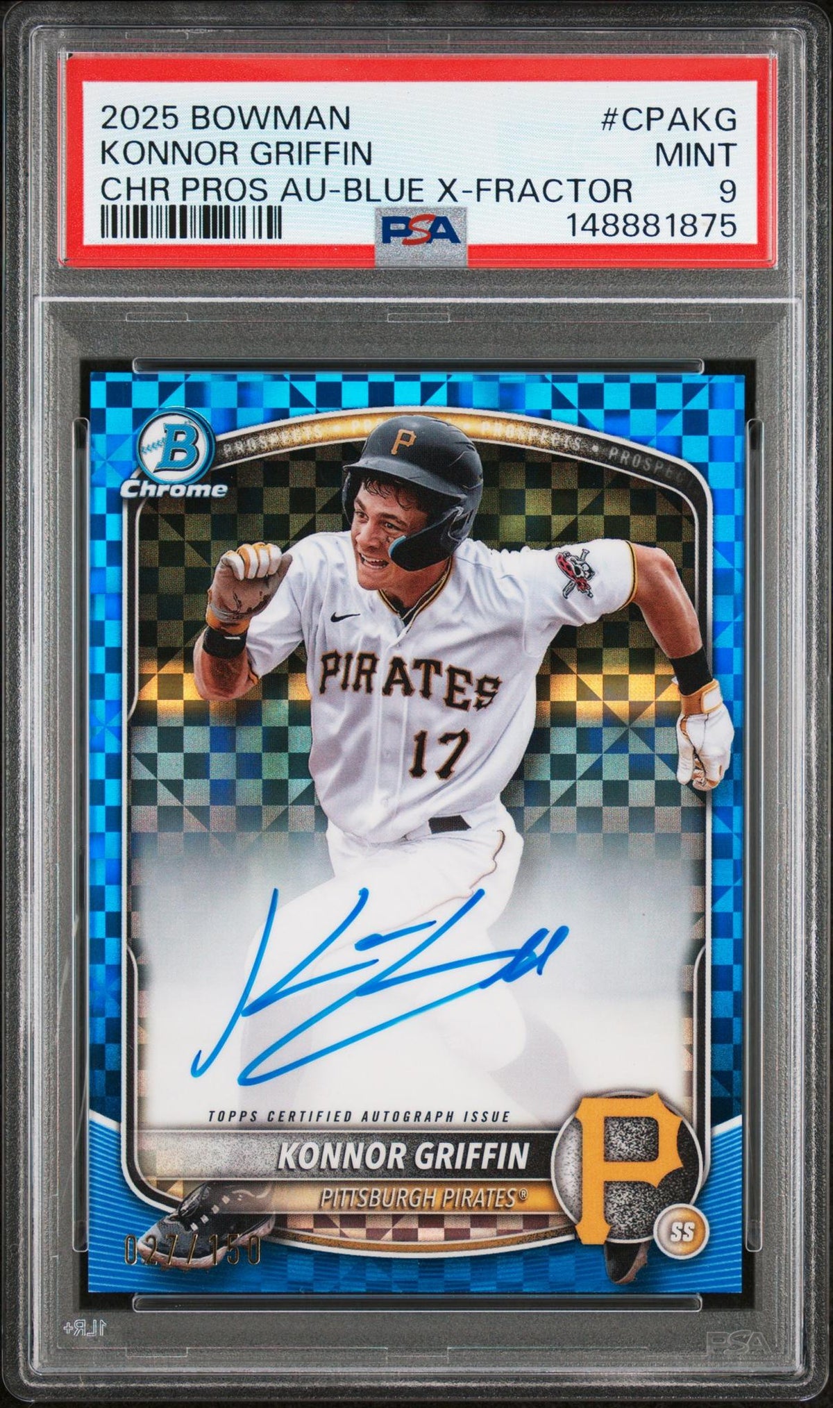2025 Bowman Chrome Prospect Autographs Blue X-Fractors Konnor Griffin #CPAKG /150 PSA 9