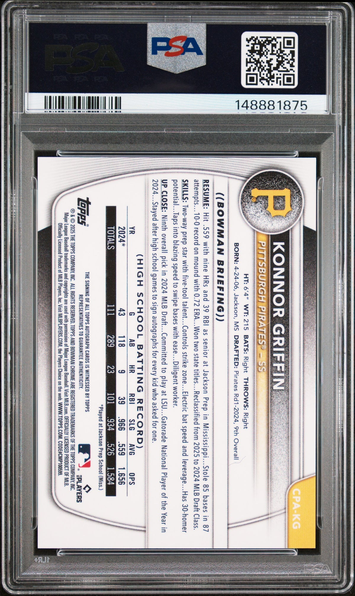 2025 Bowman Chrome Prospect Autographs Blue X-Fractors Konnor Griffin #CPAKG /150 PSA 9