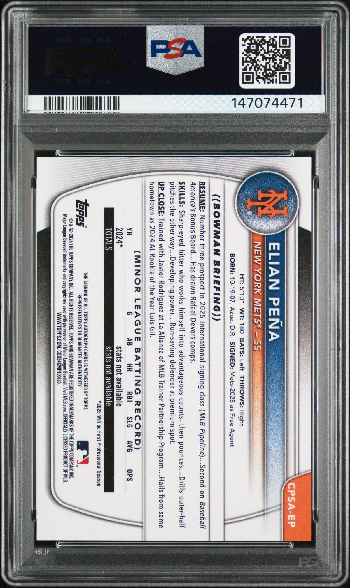 2025 Chrome Sapphire Prospect Autographs Green Refractors Elian Pena #CPSAEP /99 PSA 10