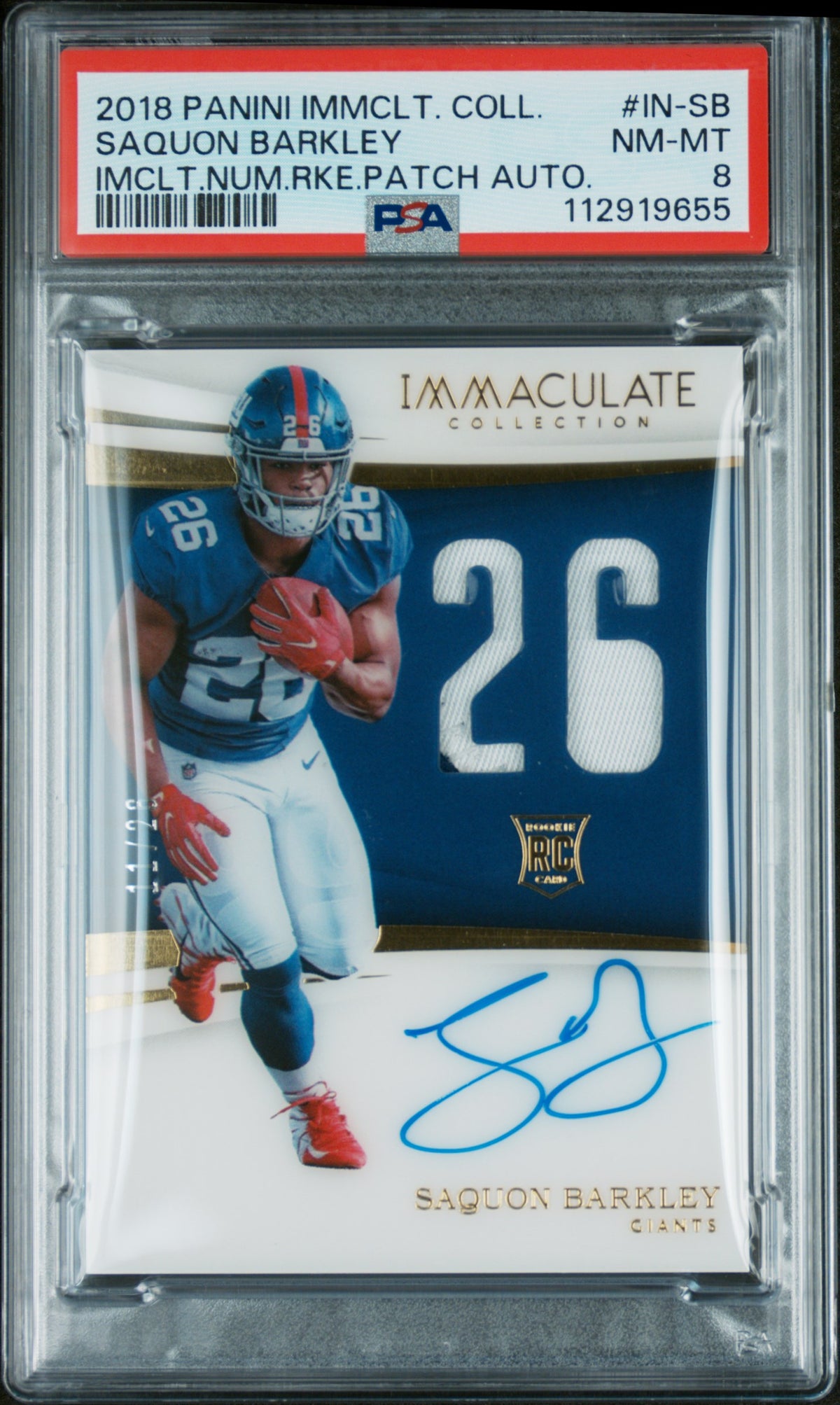2018 Panini Immaculate Collection Immaculate Numbers Rookie Patch Autographs Saquon Barkley #IN-SB PSA 8