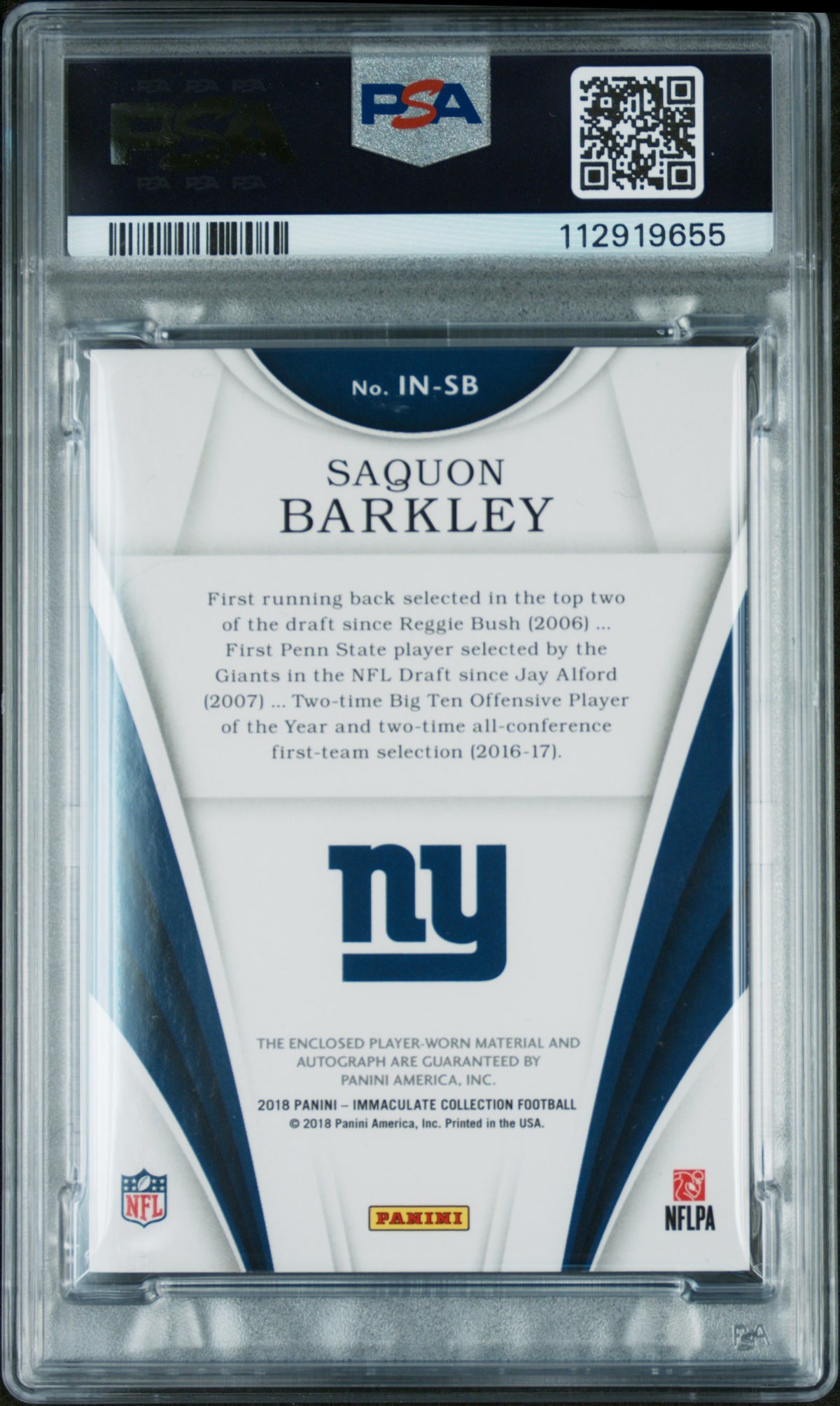 2018 Panini Immaculate Collection Immaculate Numbers Rookie Patch Autographs Saquon Barkley #IN-SB PSA 8