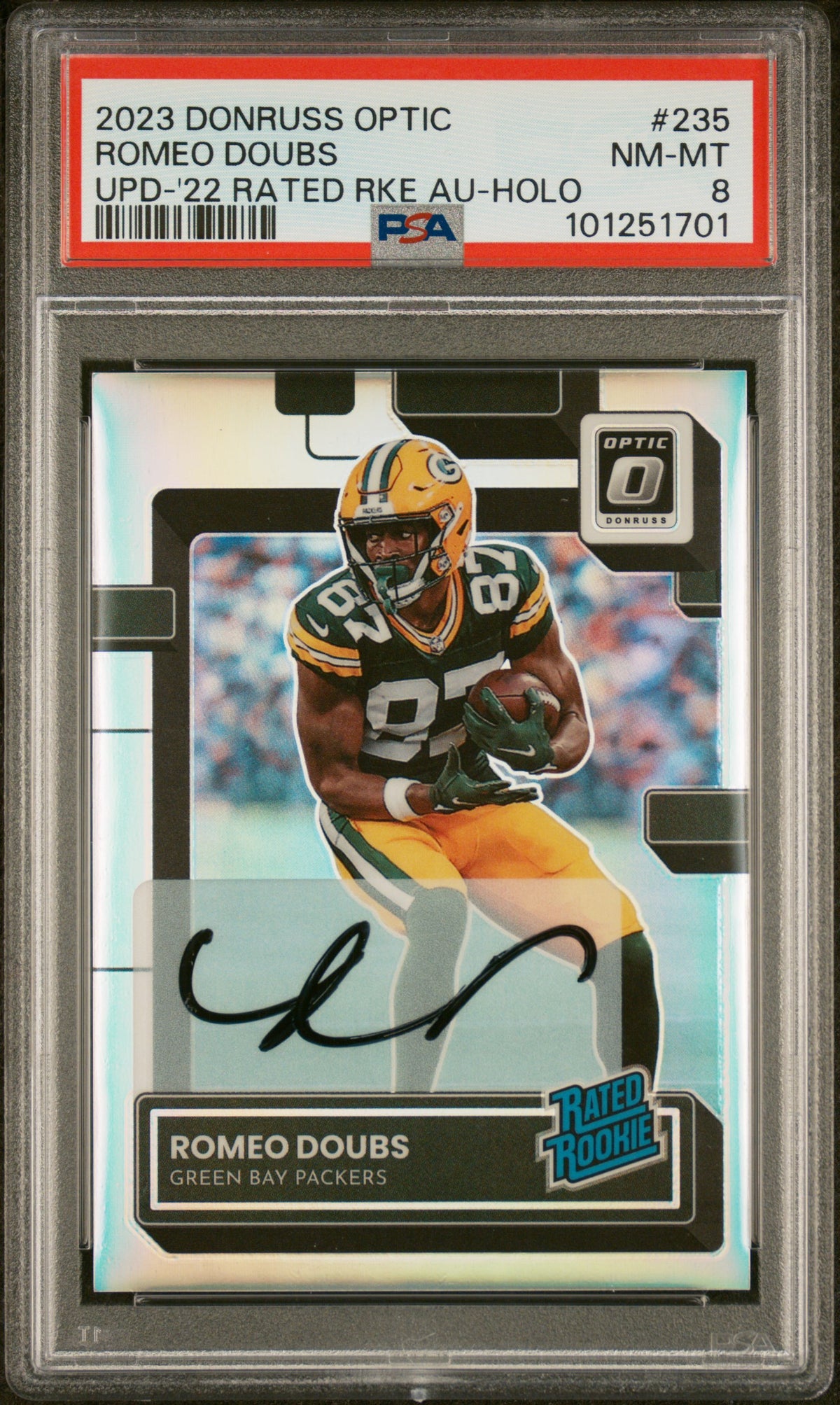 2023 Panini Donruss Optic Update 2022 Rated Rookie Autographs Holo Romeo Doubs #235 PSA 8