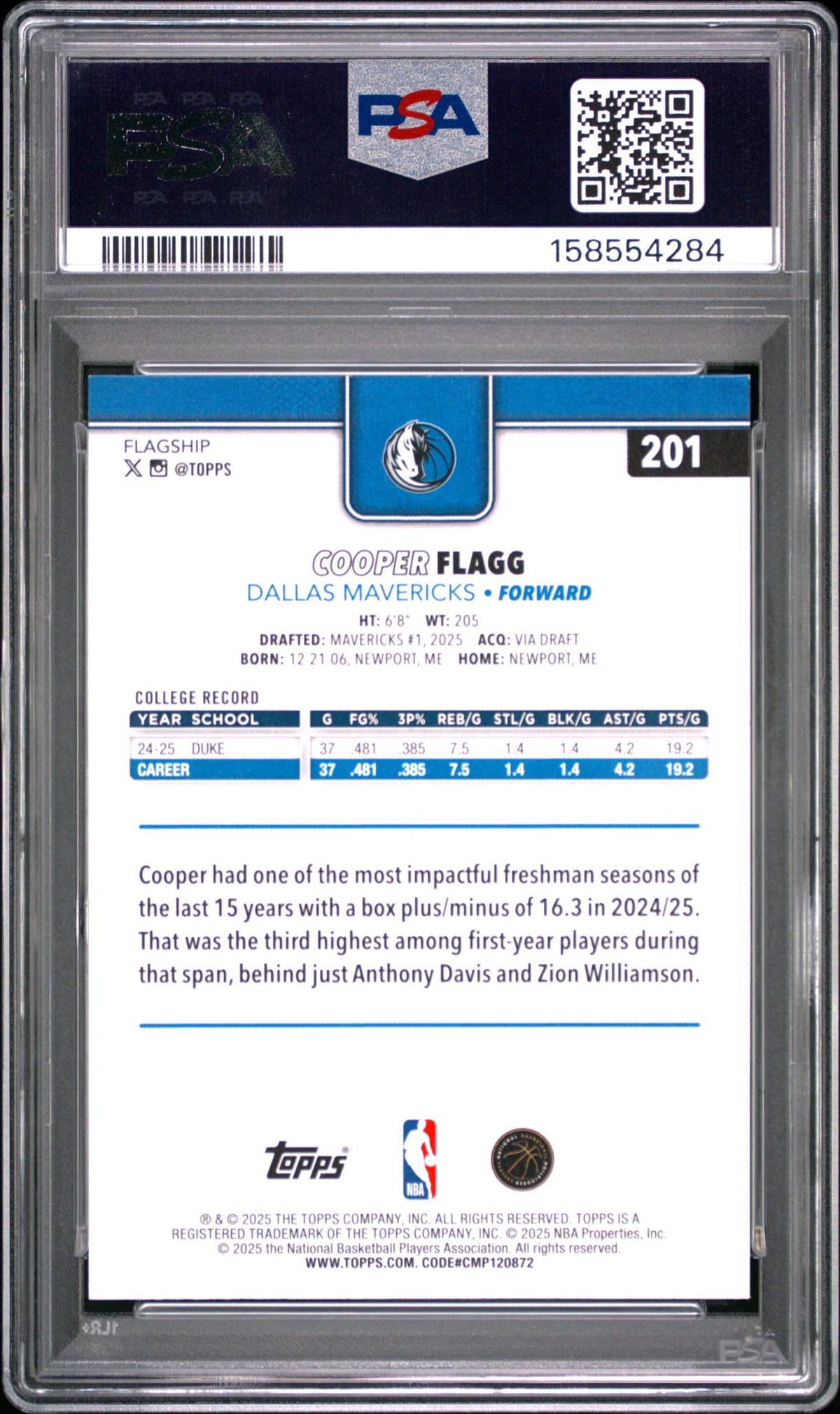 2025 Topps Cooper Flagg #201 PSA 9
