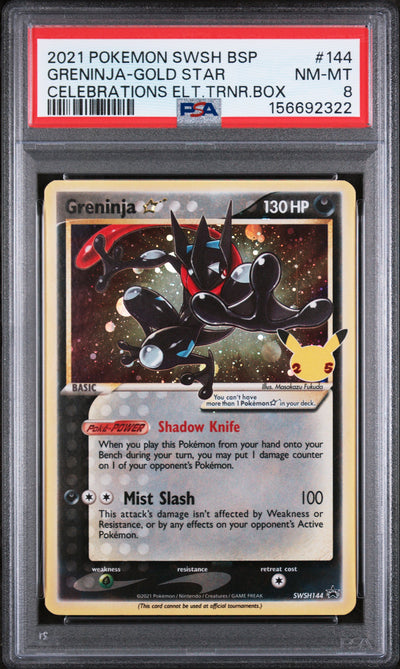 2021 Pokemon Sword and Shield Black Star Celebrations Elite Trainer Box Greninja Gold Star #SWSH144 PSA 8