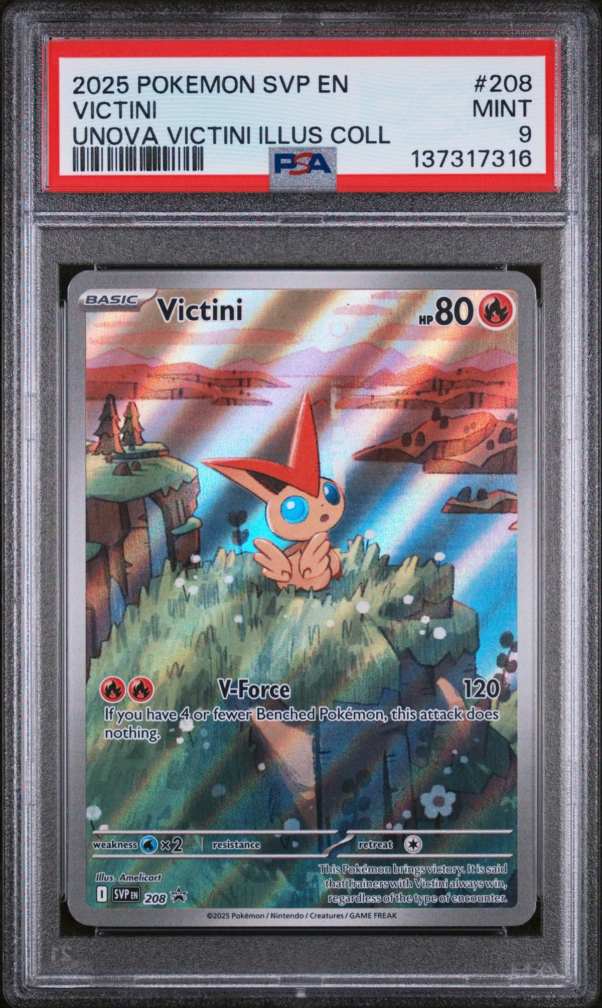 2025 Pokemon Scarlet and Violet Black Star Promo Unova Illustration Collection Victini #208 PSA 9