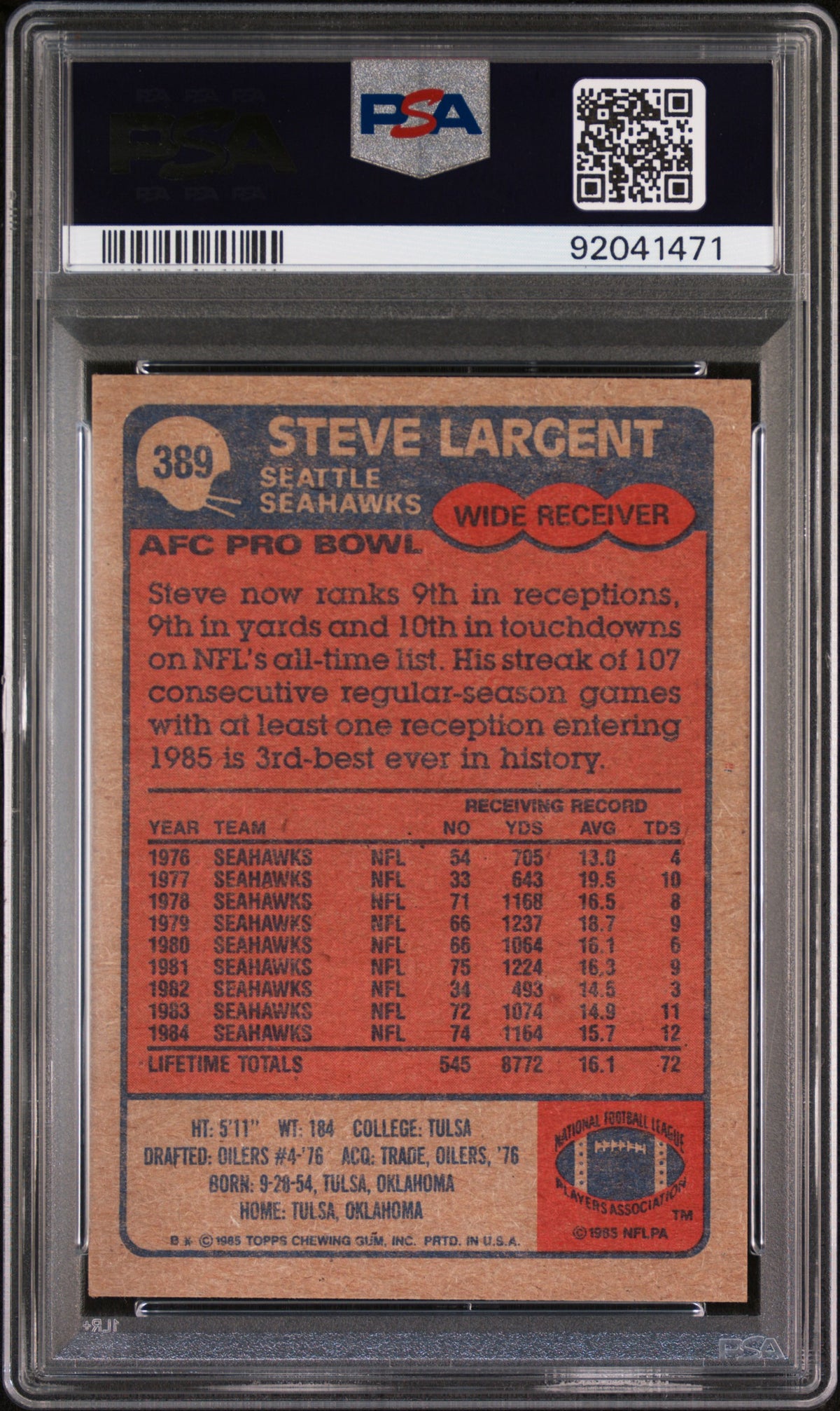 1985 Topps Steve Largent #389 PSA 6