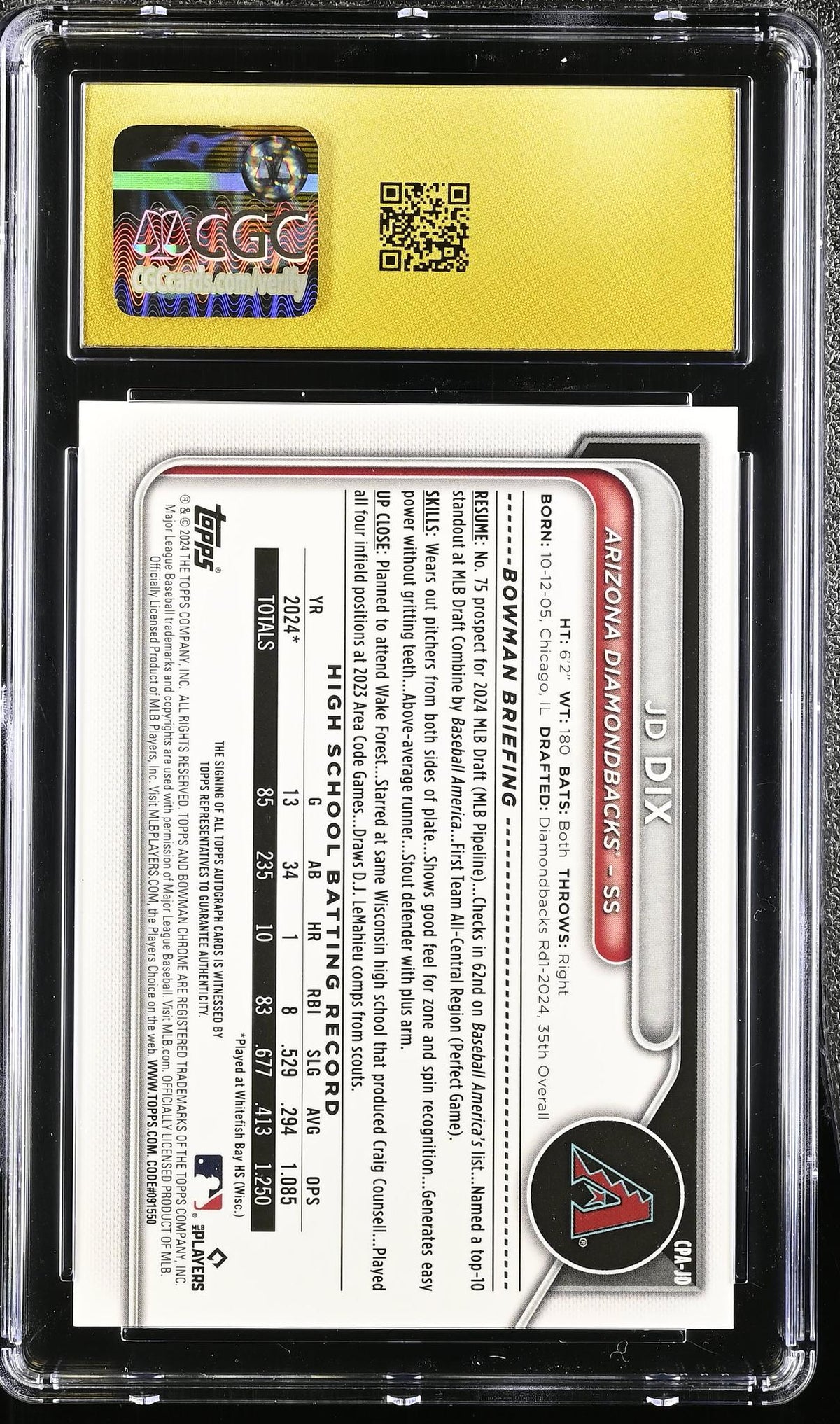 2024 Bowman #CPA-JD Dix Chrome Prospect Autographs Auto CGC 10