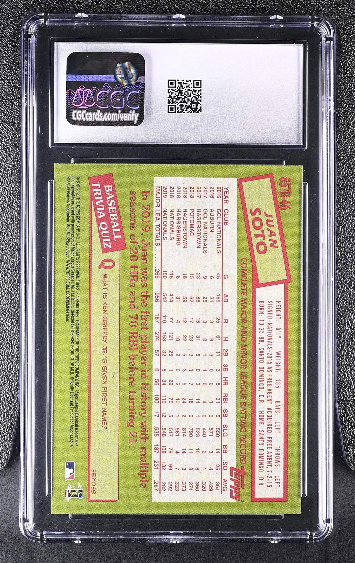 2020 Topps #85TB-46 Juan Soto '85 Topps CGC 10